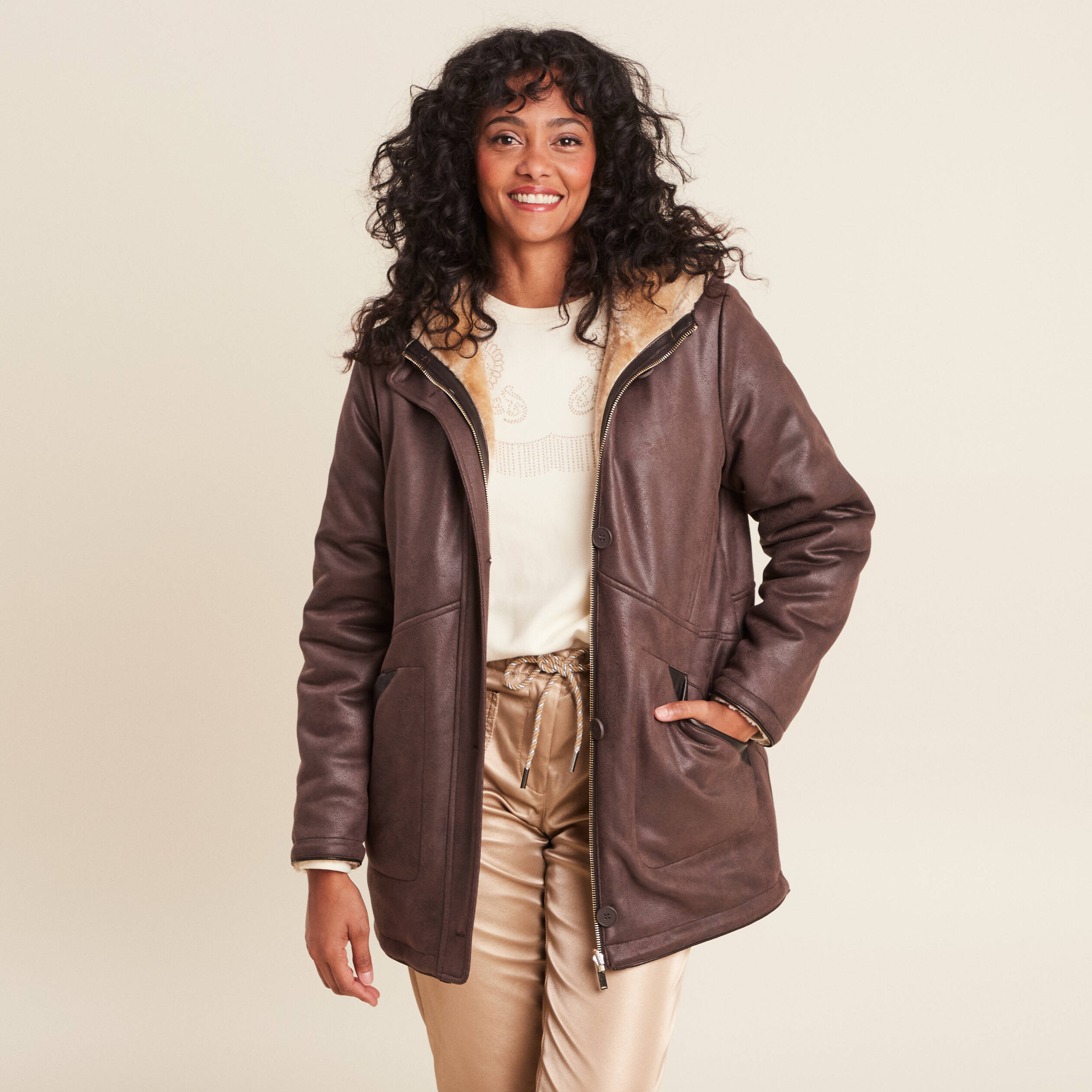 Manteau zippe a capuche marron fonce femme Vibs