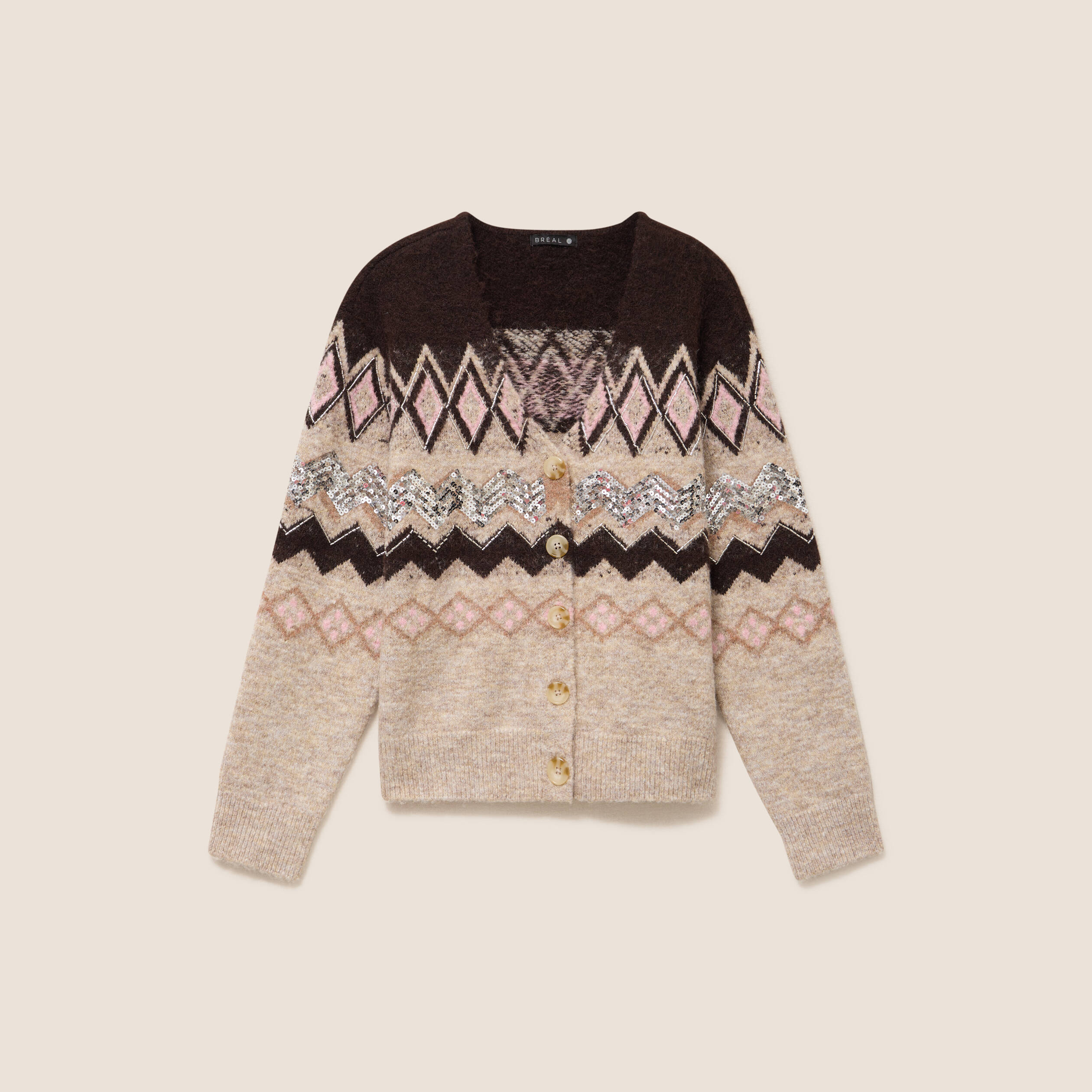 Cardigan jacquard col rond marron femme
