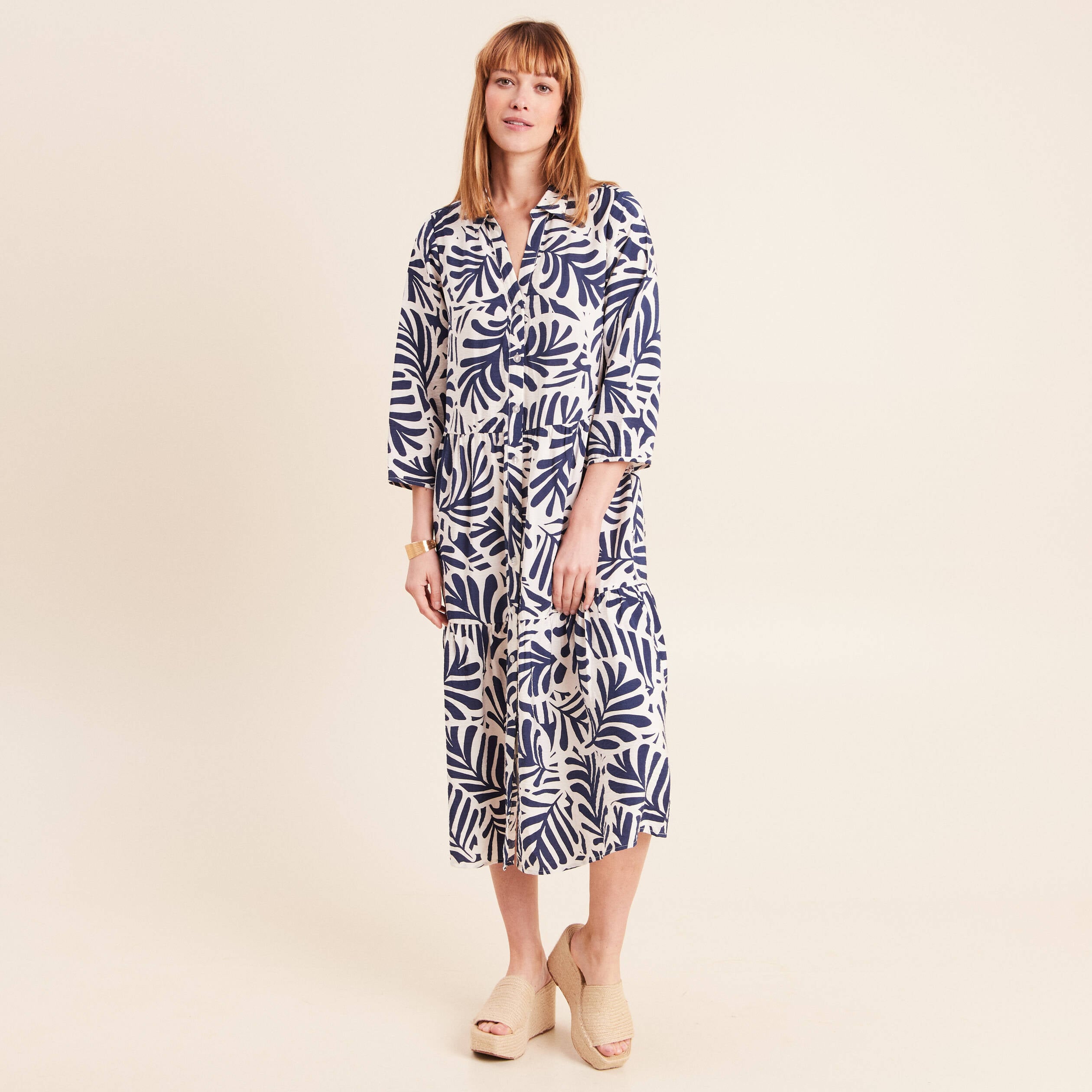 Robe fluide col am&eacute;ricain manches 3/4 blanc femme