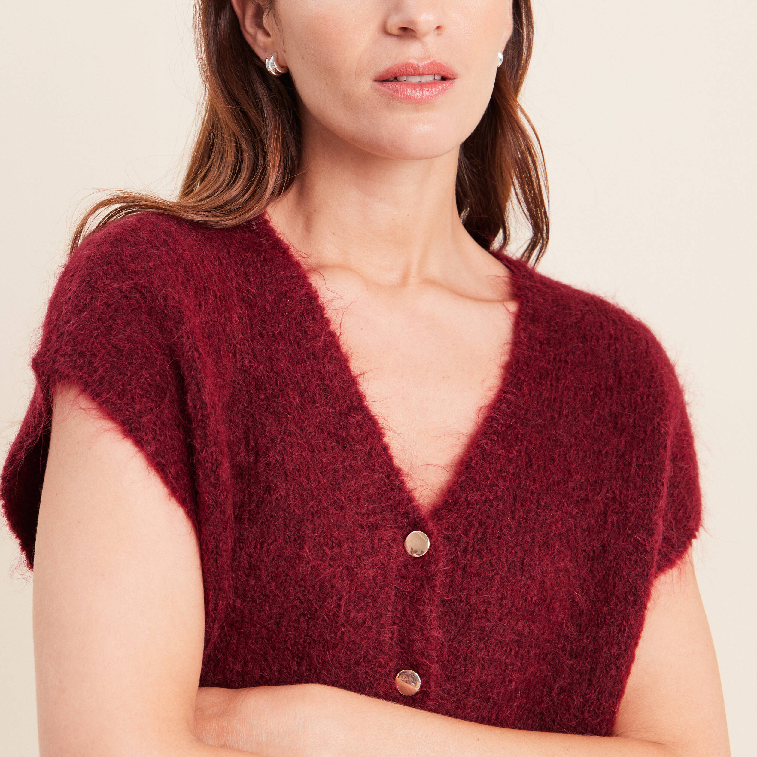Gilet droit mi-long col v bordeaux femme