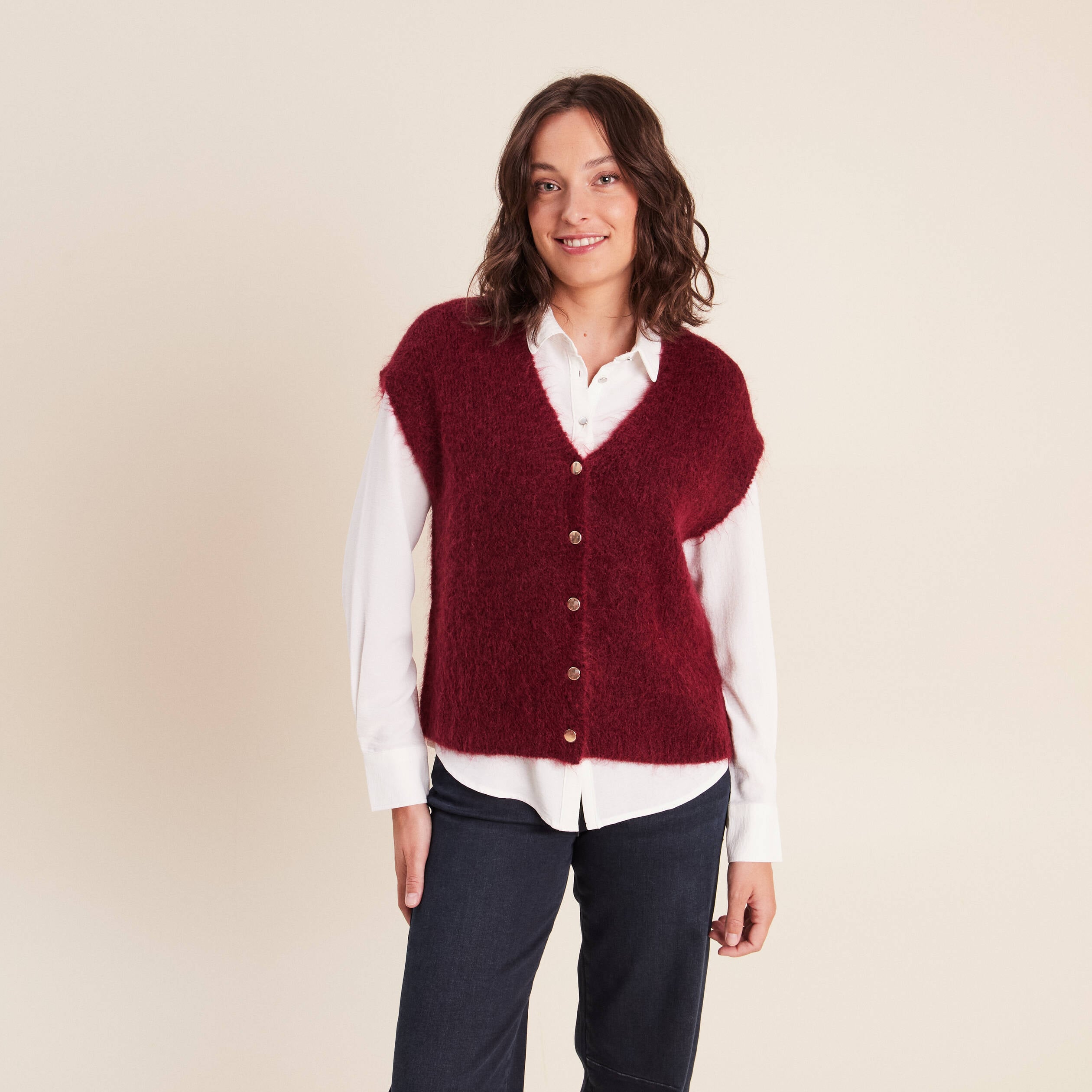 Gilet droit mi-long col v bordeaux femme
