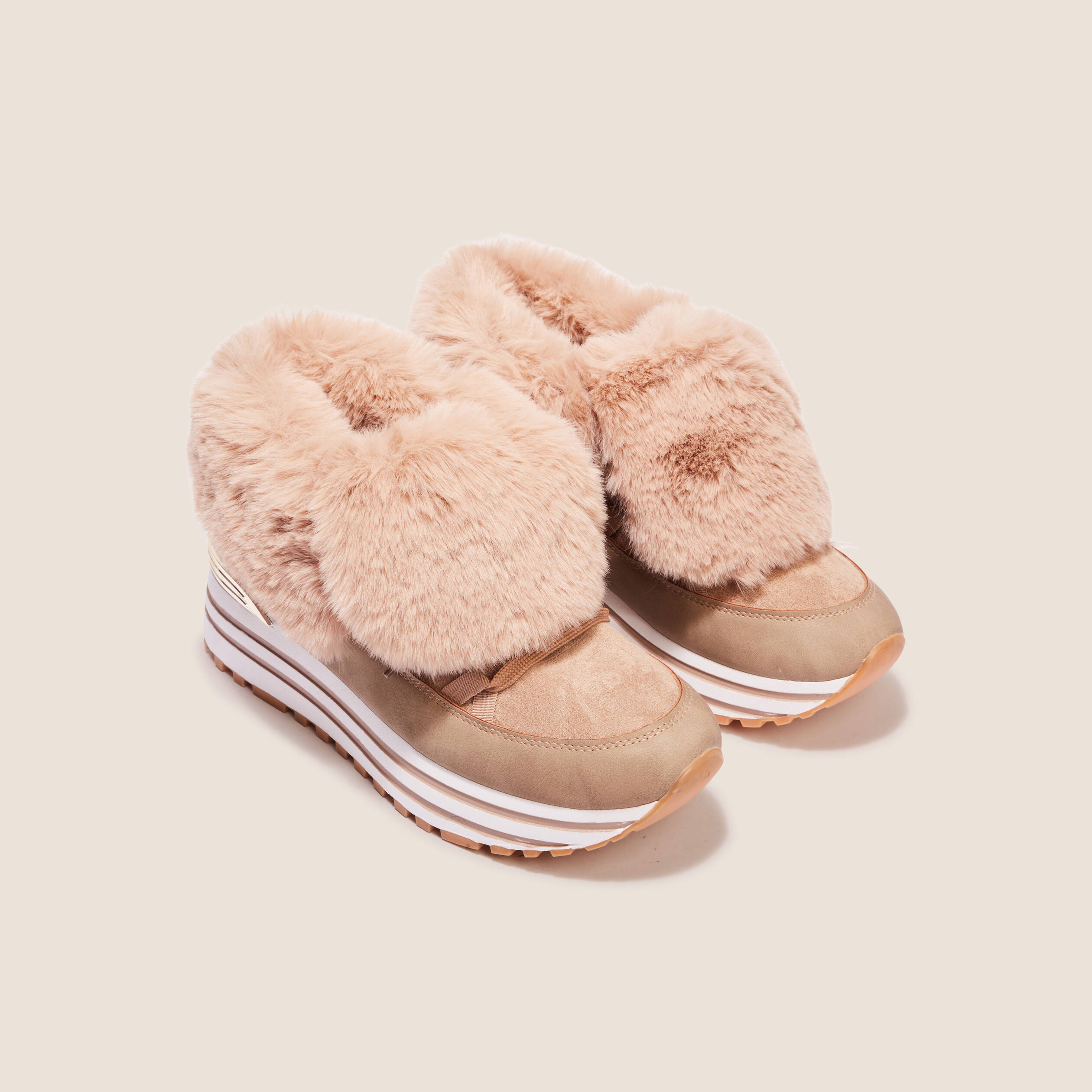 Baskets compens&eacute;es fourr&eacute;es beige femme