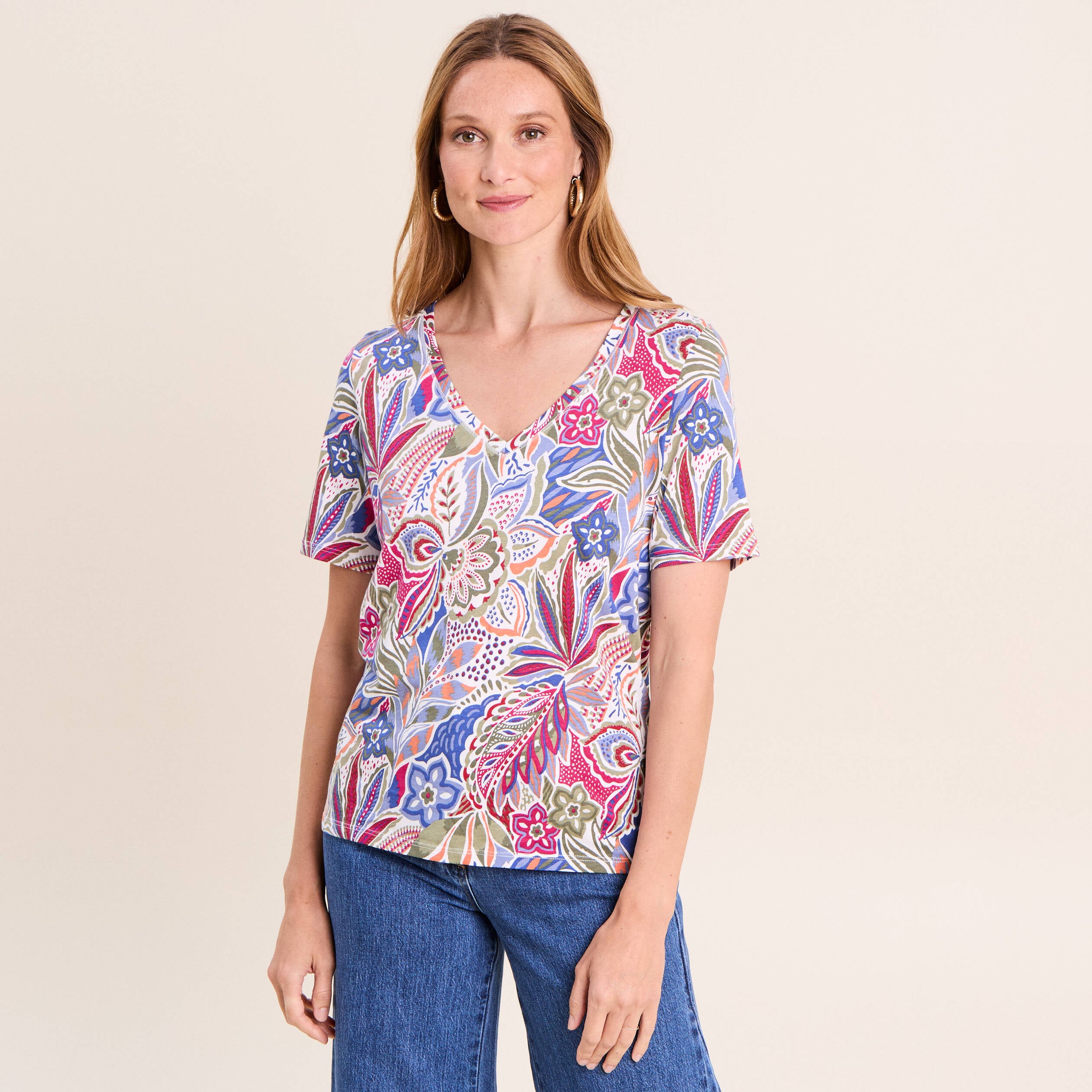 T-shirt col V manches courtes mauve femme