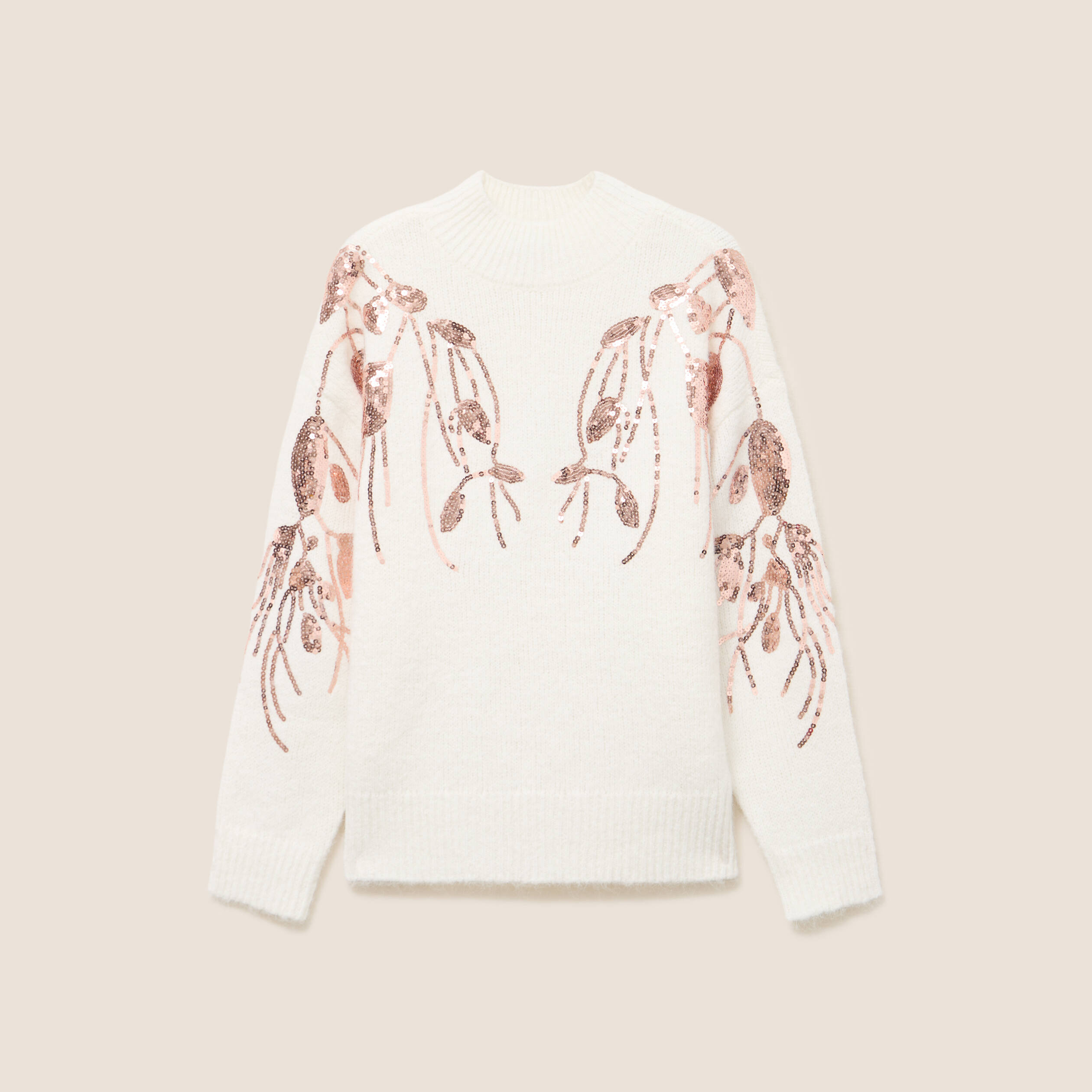 Pull col rond manches longues sequins ecru femme