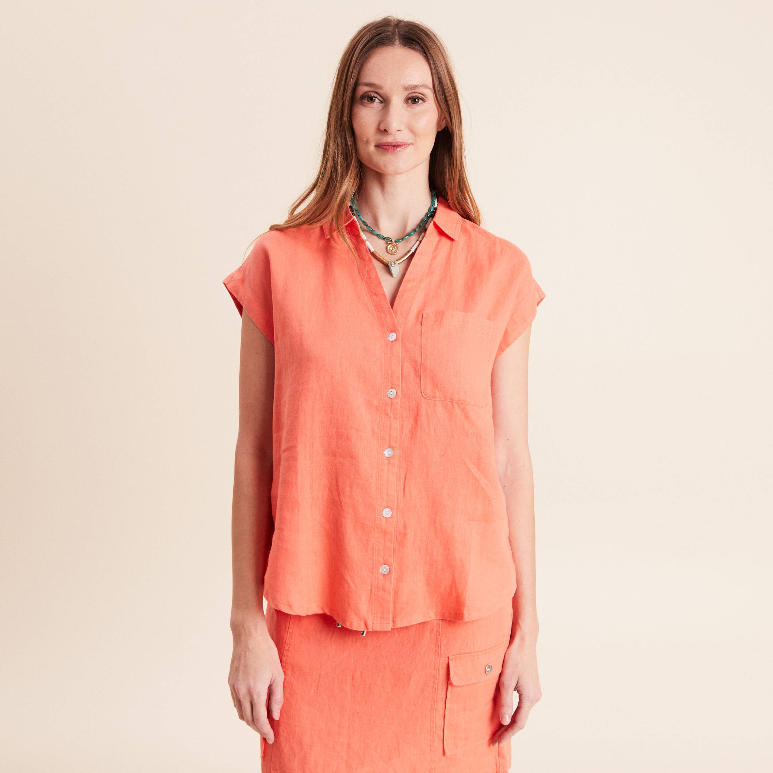 Chemise ample manches courtes aspect lin orange fluo femme