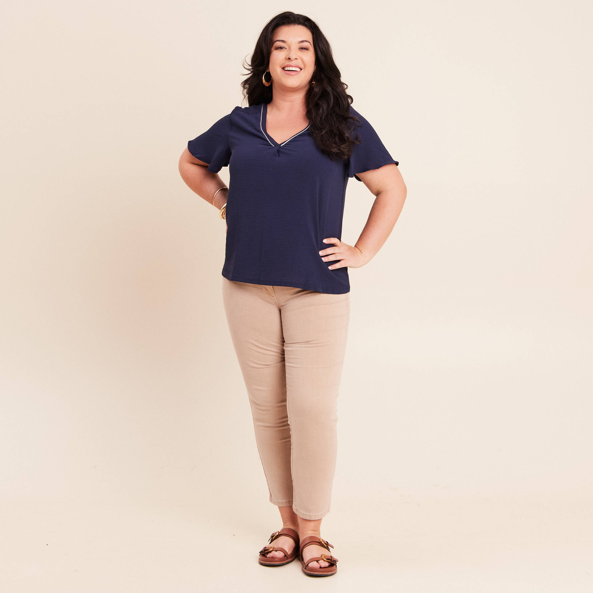 T-shirt bi-mati&egrave;re manches courtes bleu marine femme