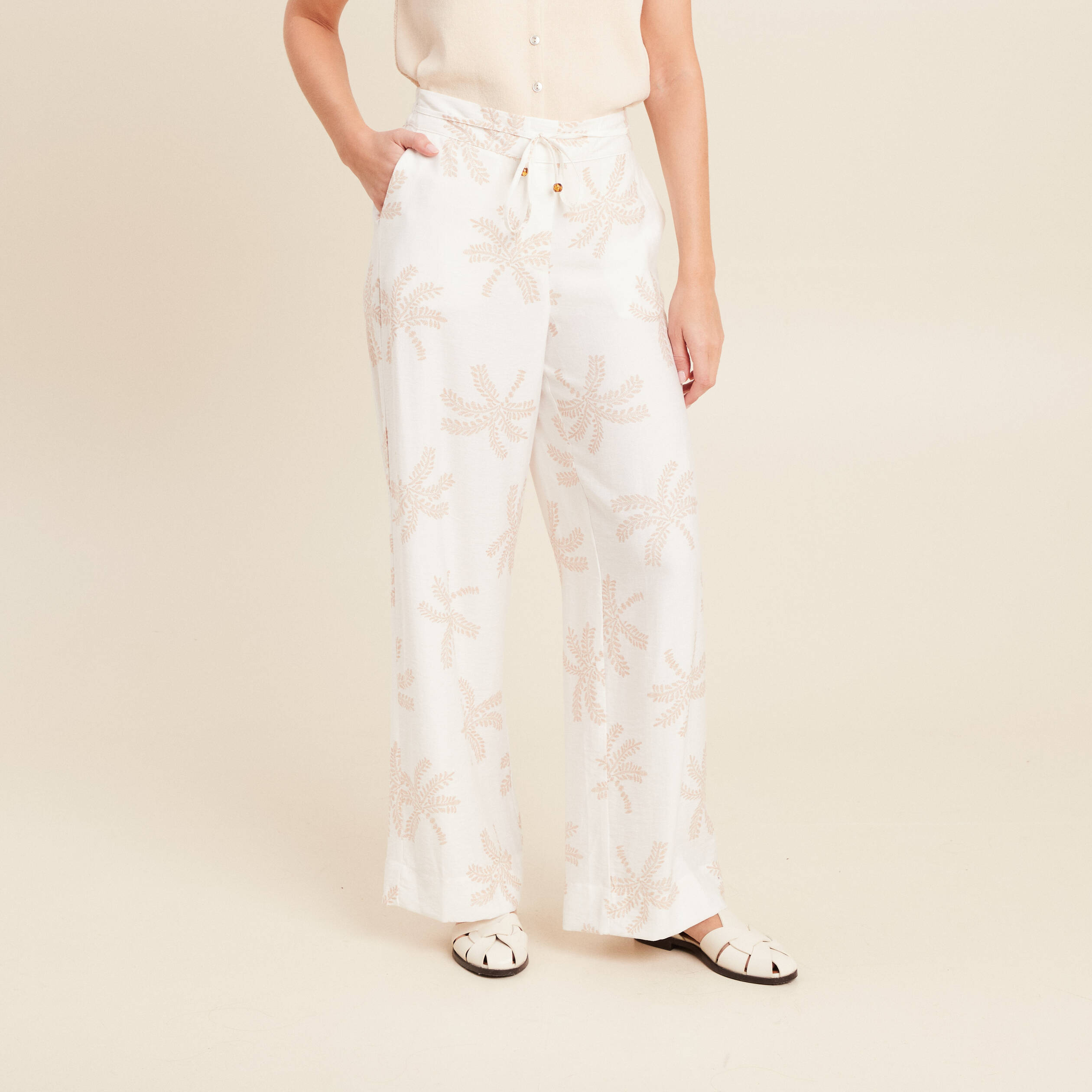 Pantalon large taille haute beige femme
