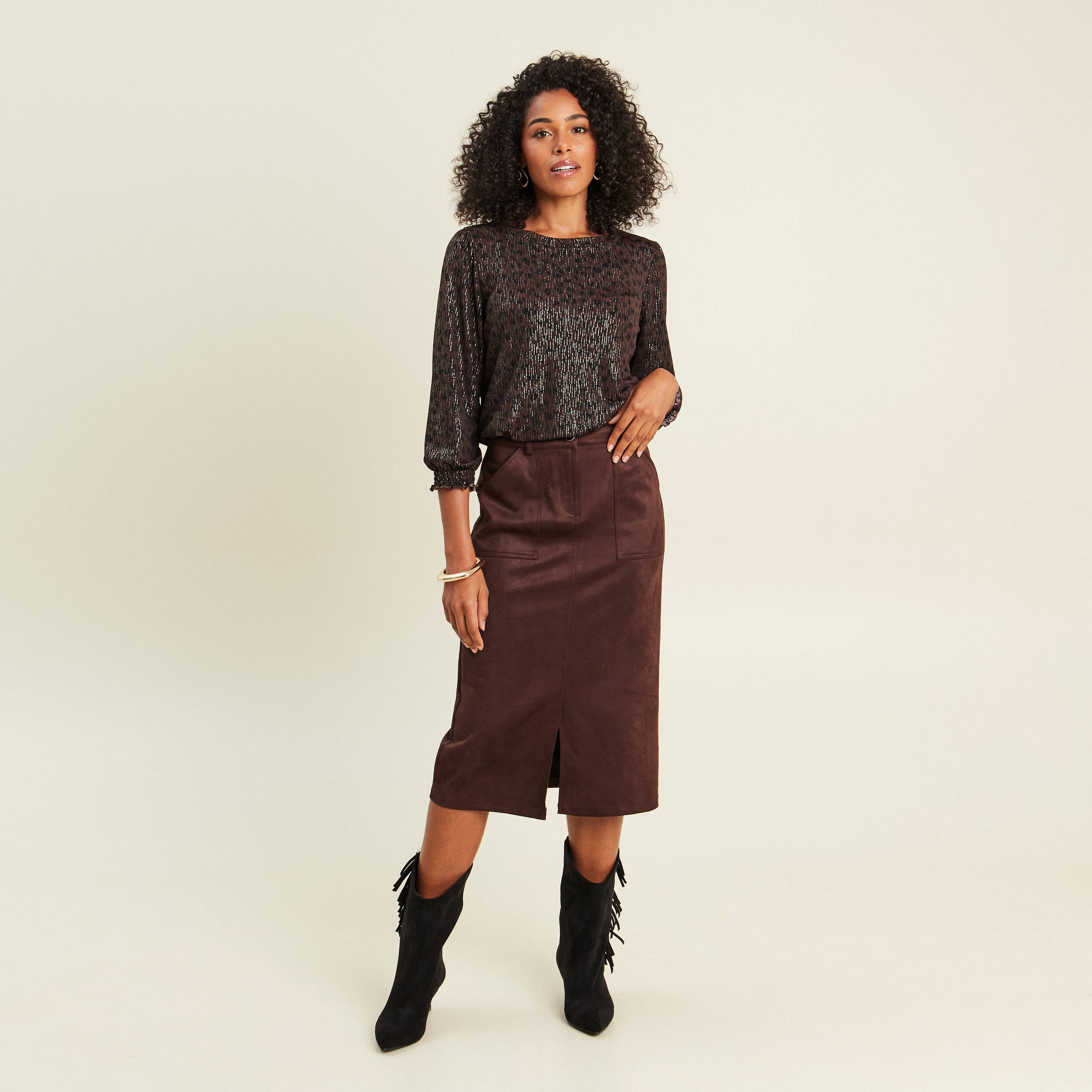 T-shirt col rond manches 3/4 marron fonc&eacute; femme