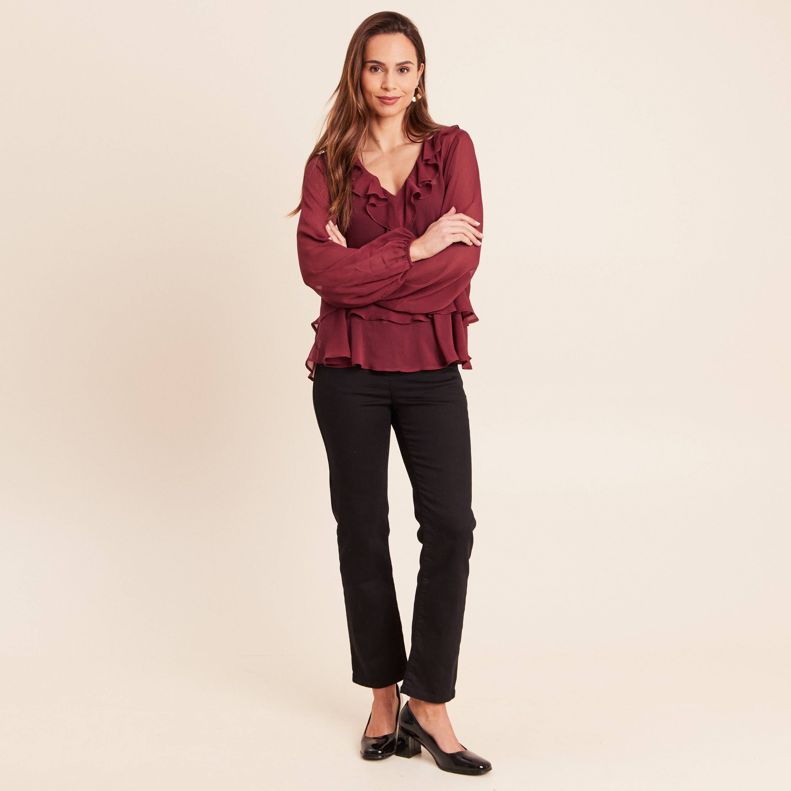 Blouse ample en voile manches longues prune femme