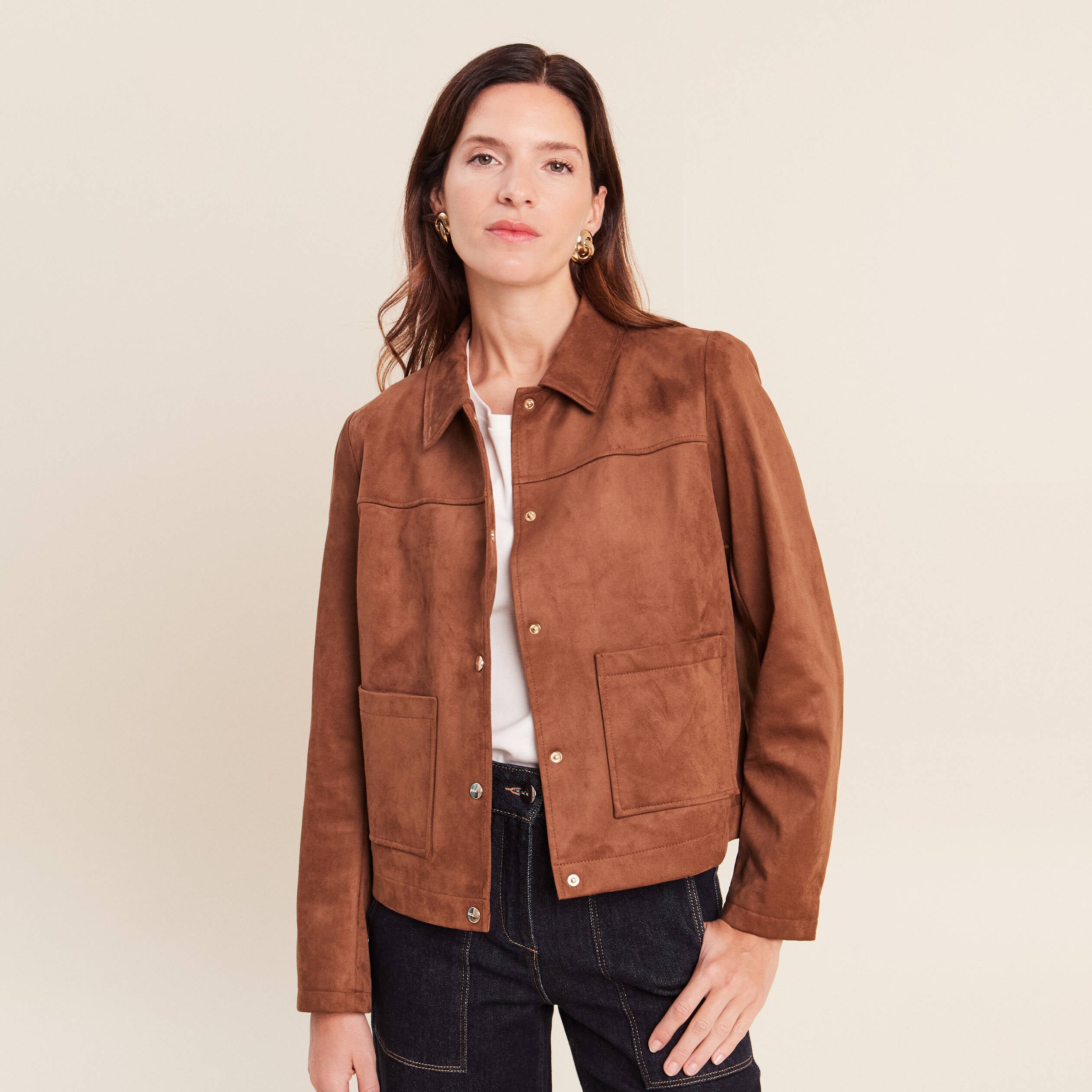 Veste courte doubl&eacute;e marron fonc&eacute; femme