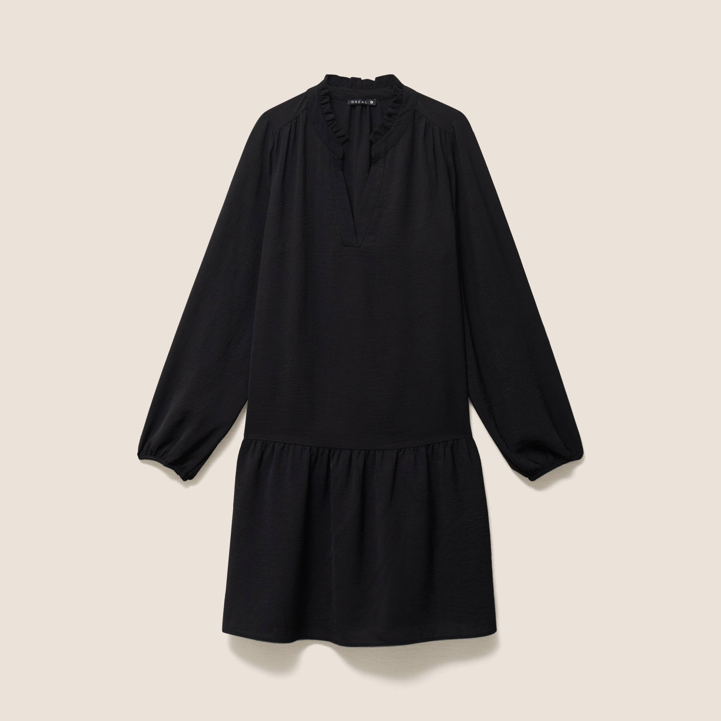 Robe courte &eacute;vas&eacute;e col v manches longues noir femme