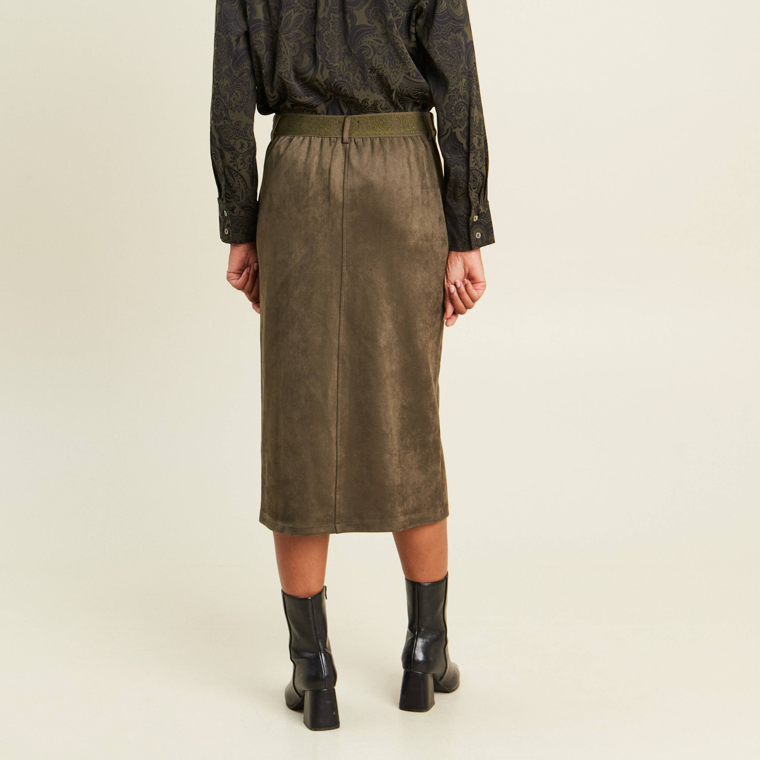 Jupe longue droite su&eacute;dine vert kaki femme