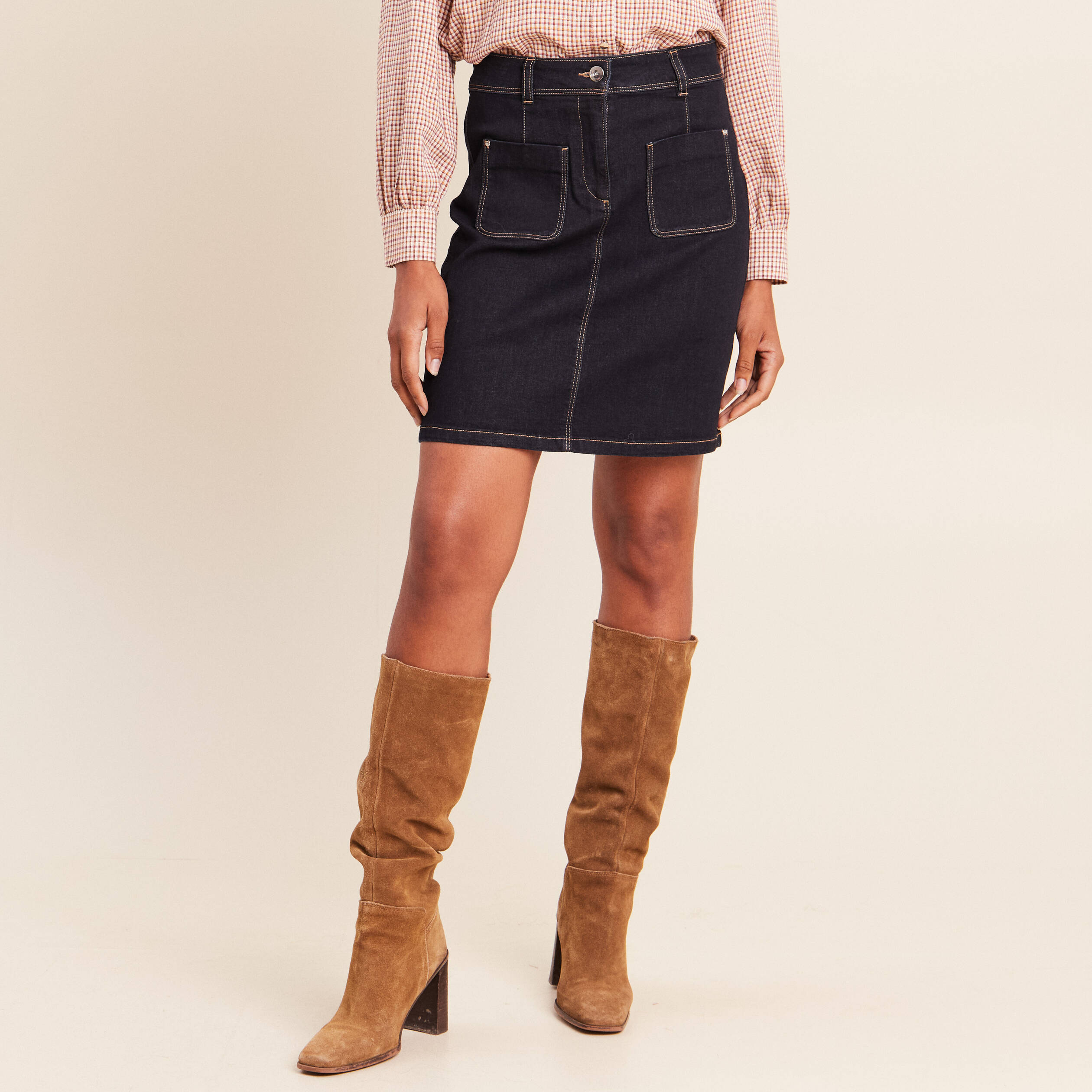 Jupe courte trap&egrave;ze en jean denim brut femme