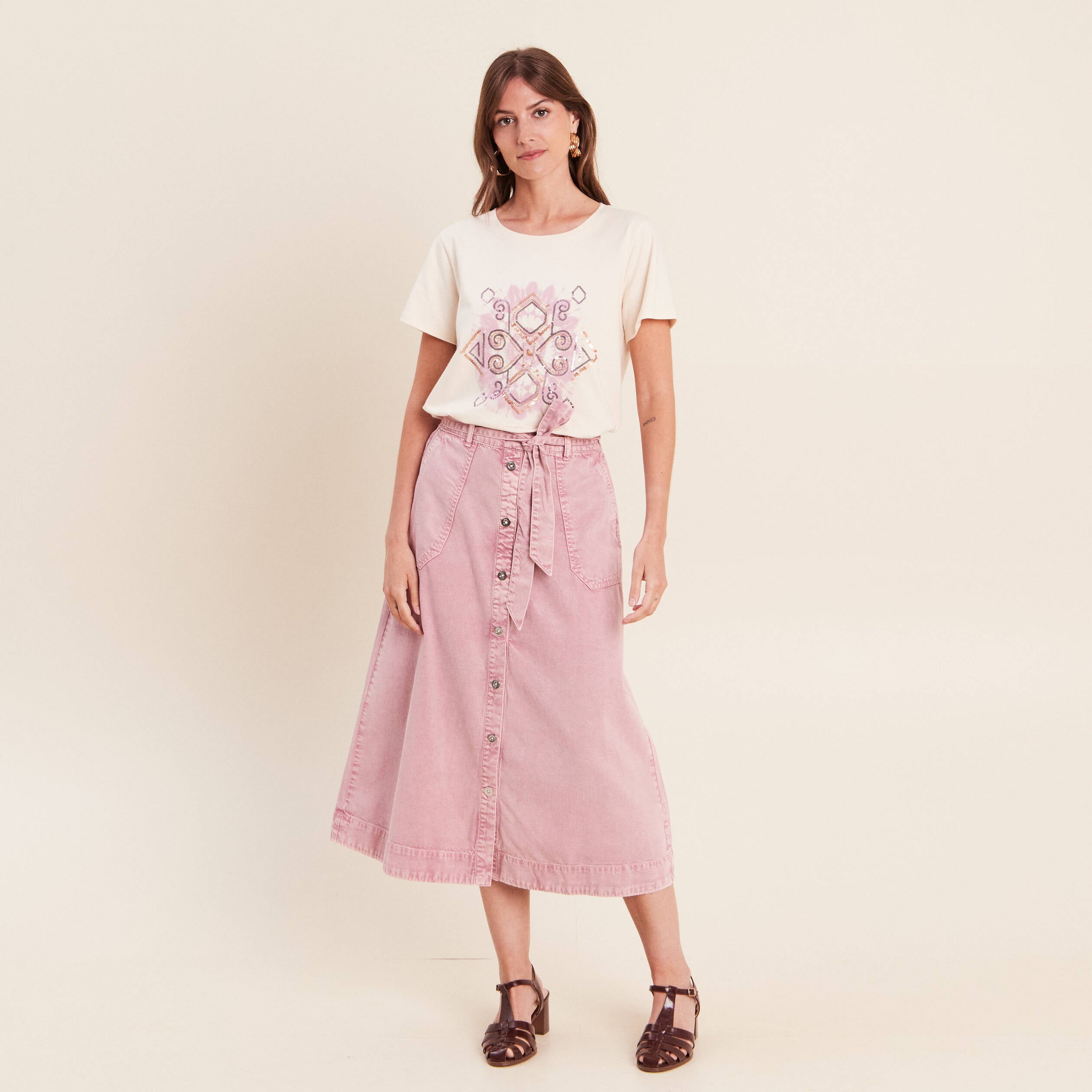 Jupe longue &eacute;vas&eacute;e rose femme