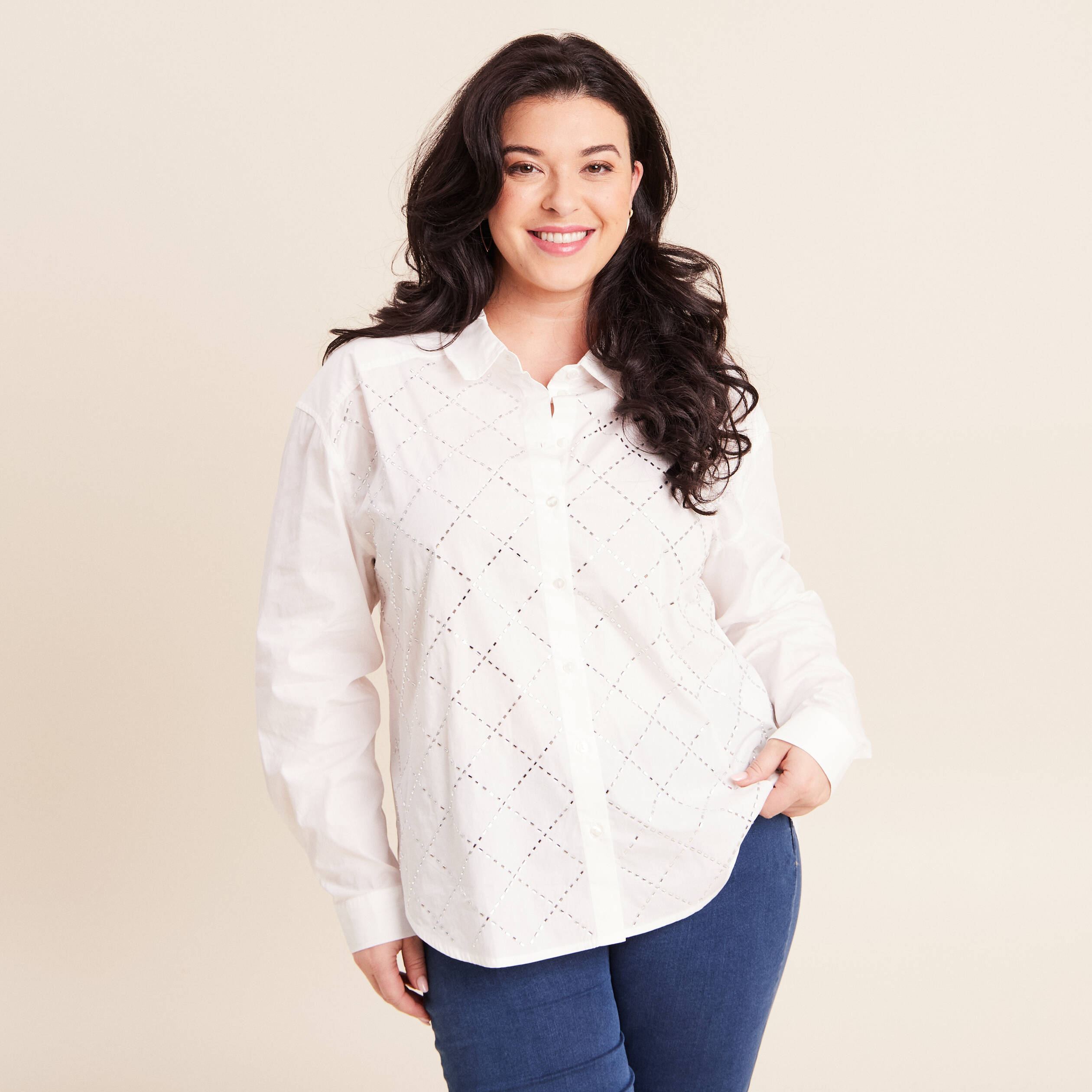 Chemise manches longues en coton strass blanc femme