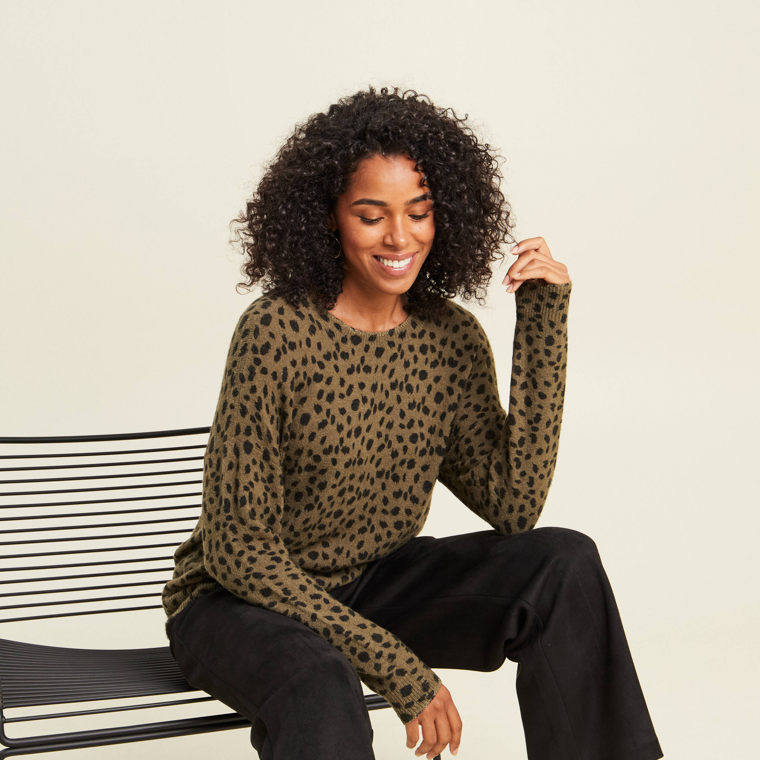 Pull droit col rond manches longues vert femme
