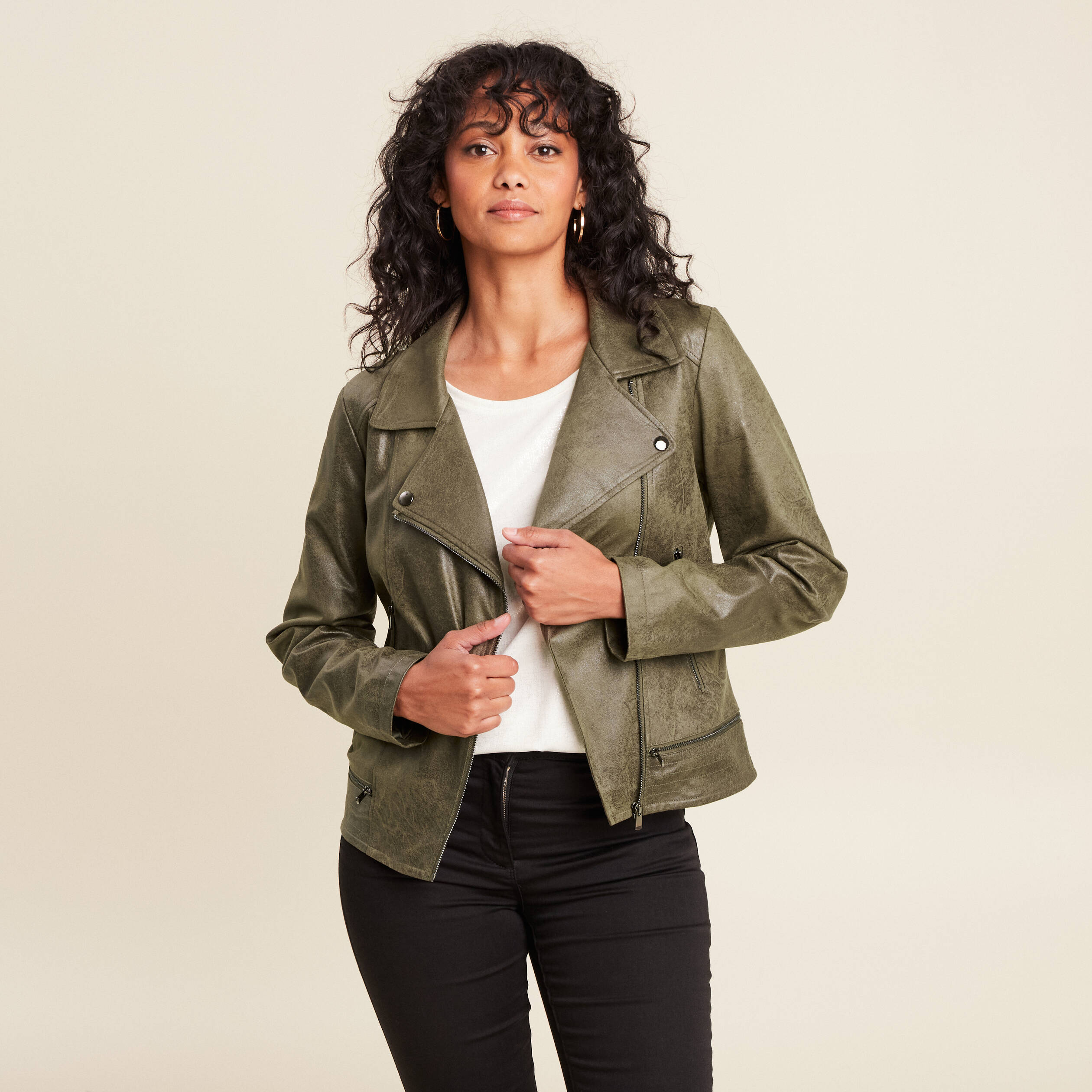 Veste esprit motard zippée vert kaki femme Vibs