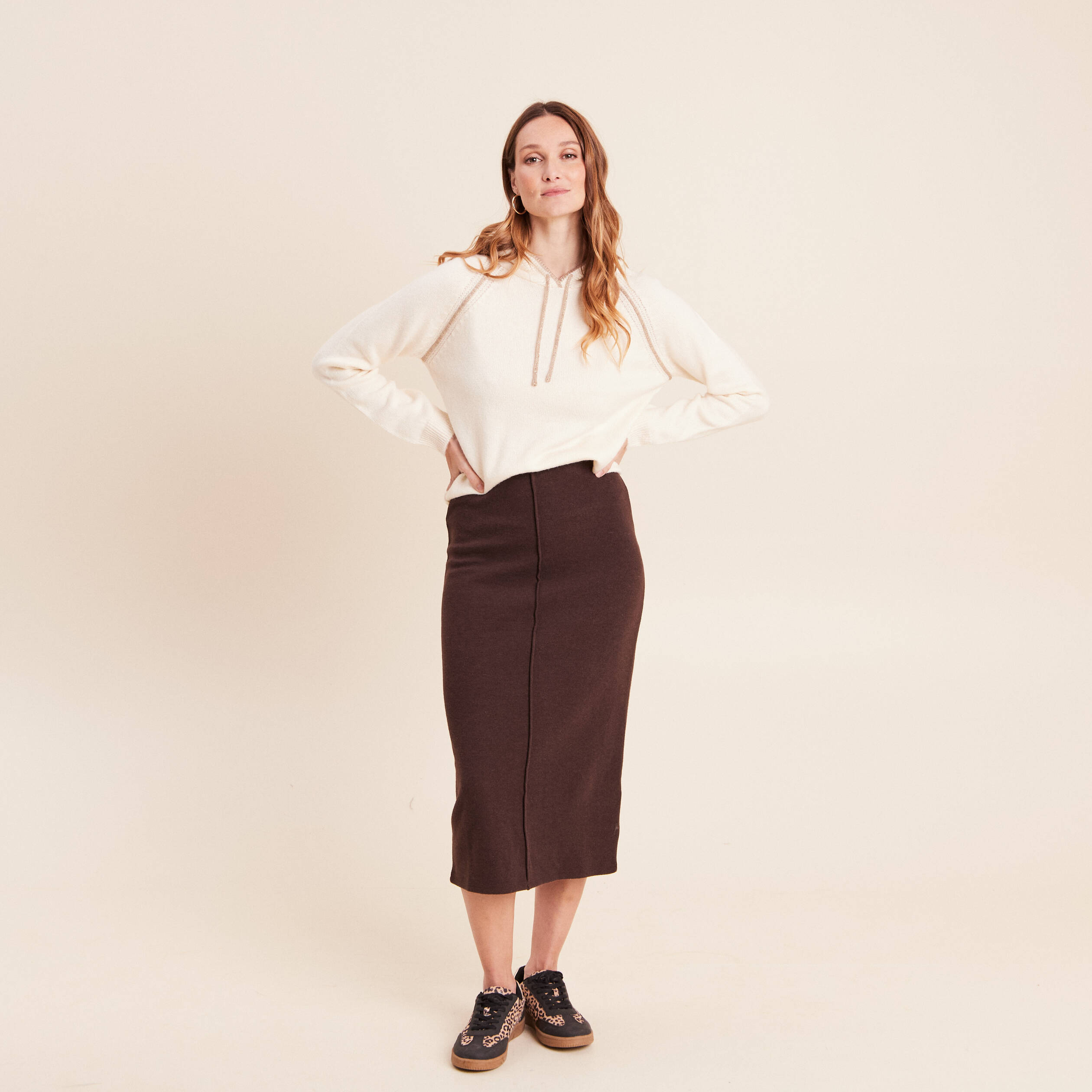 Sweat droit long &agrave; capuche ecru femme