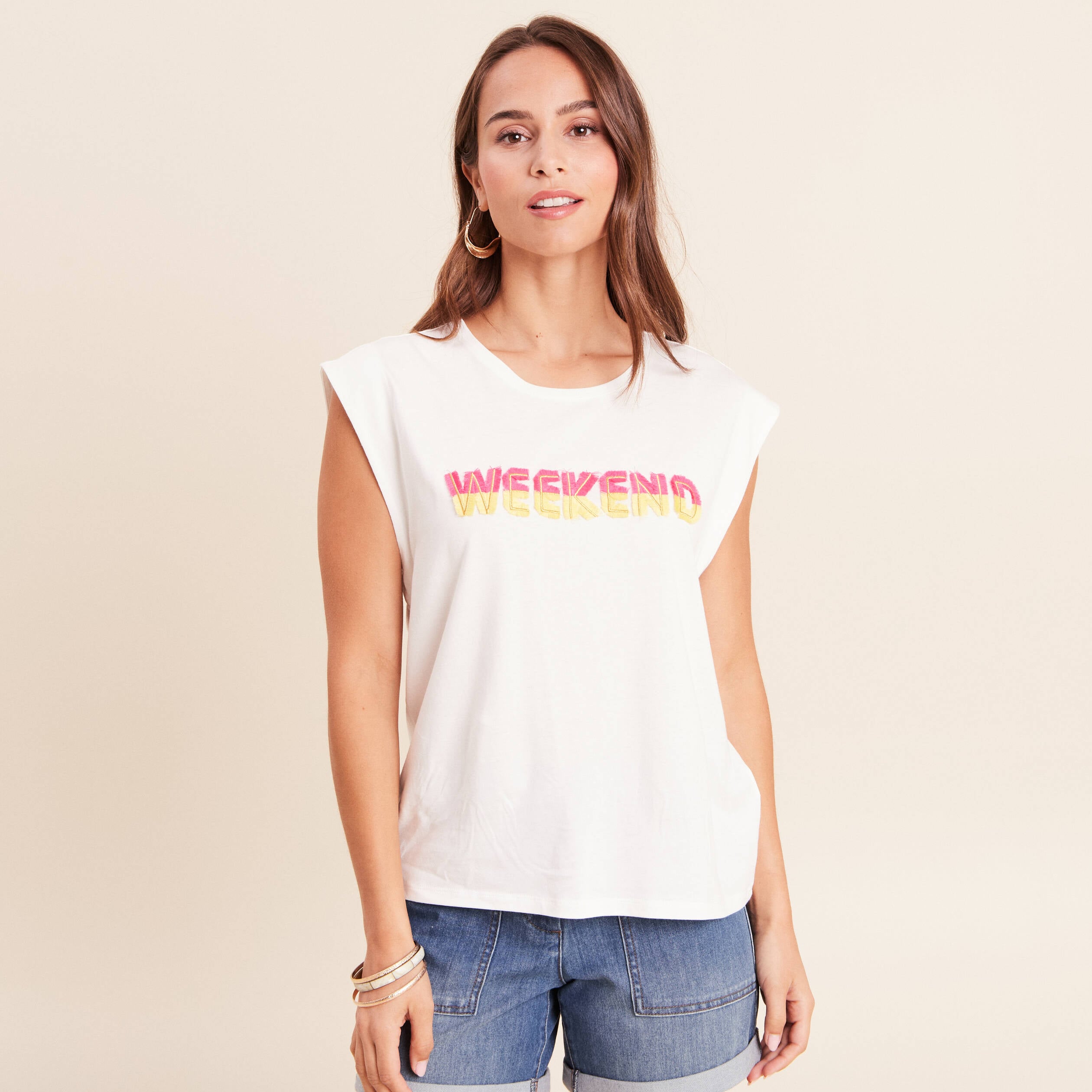 T-shirt col rond sans manches ecru femme