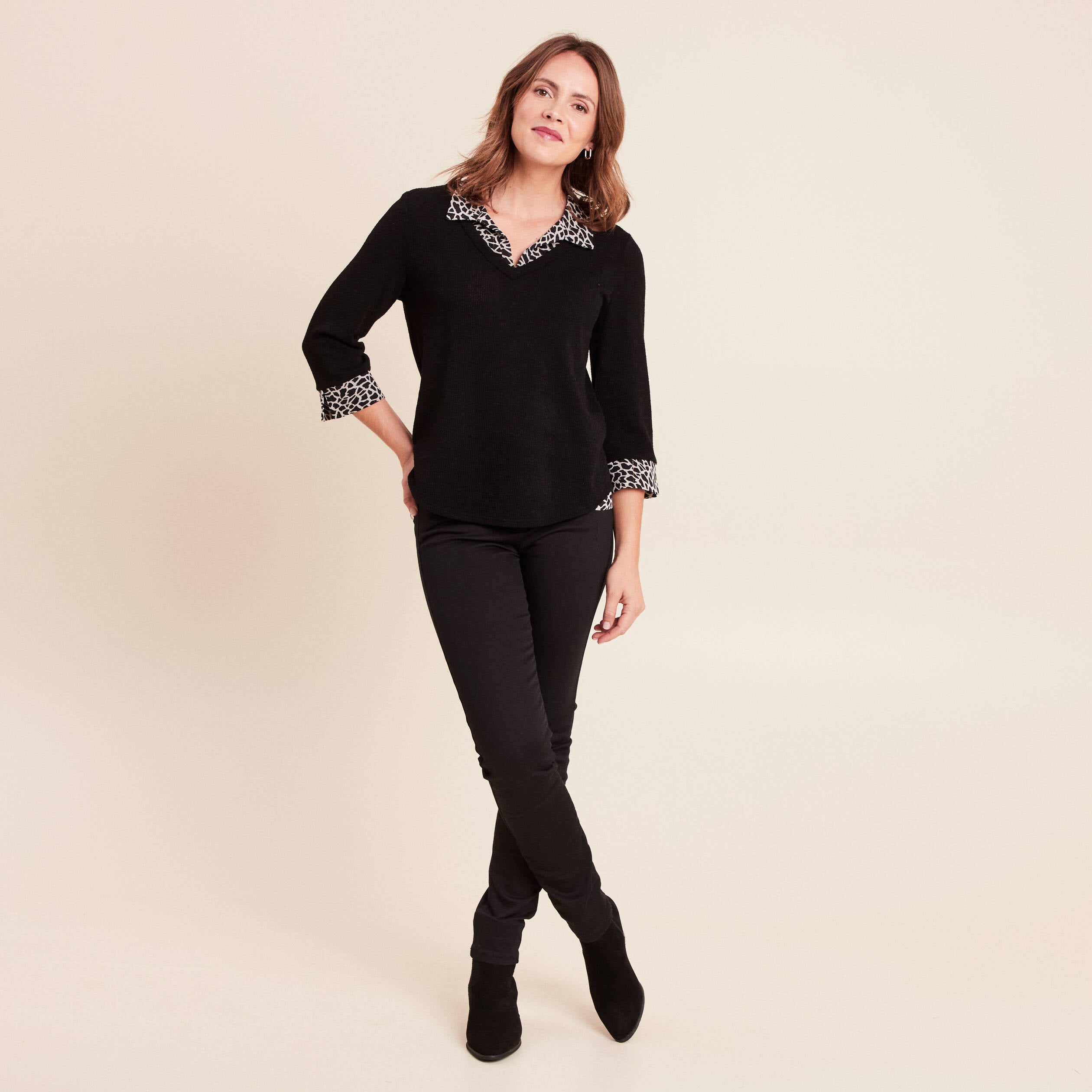 T-shirt col chemise manches 3/4 noir femme