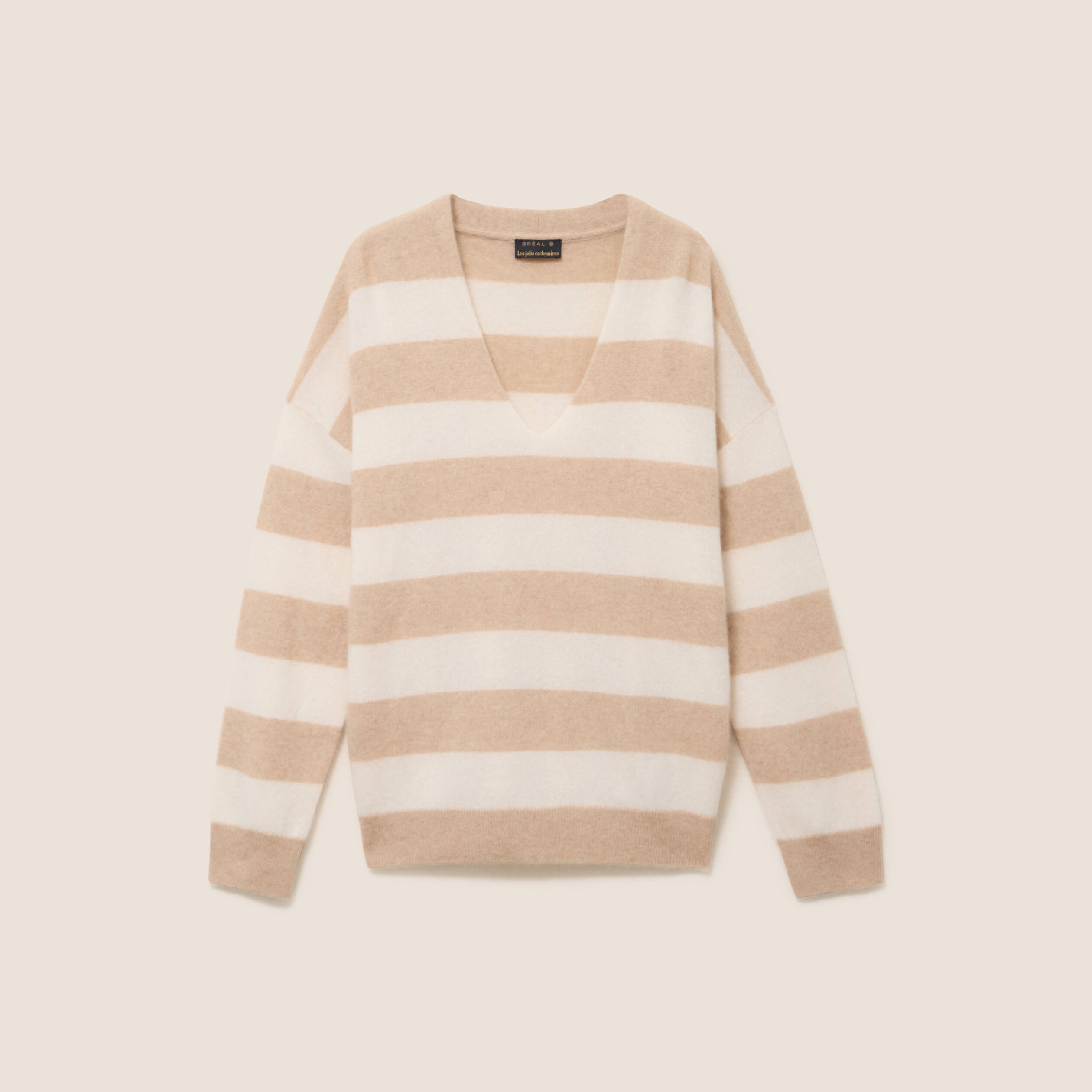 Pull col v beige femme
