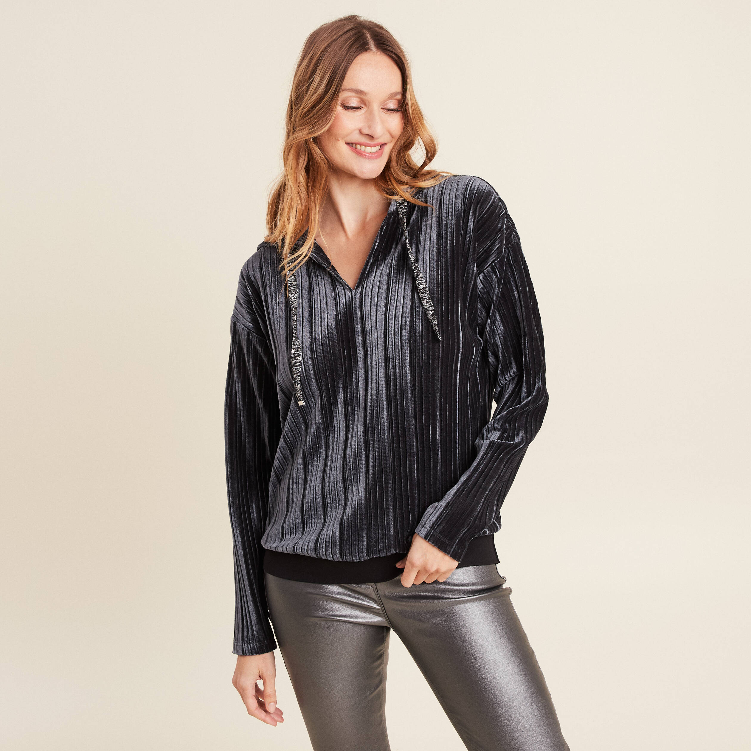 t shirt manches longues plisse gris argent femme T-shirt manches longues plissé gris argent femme