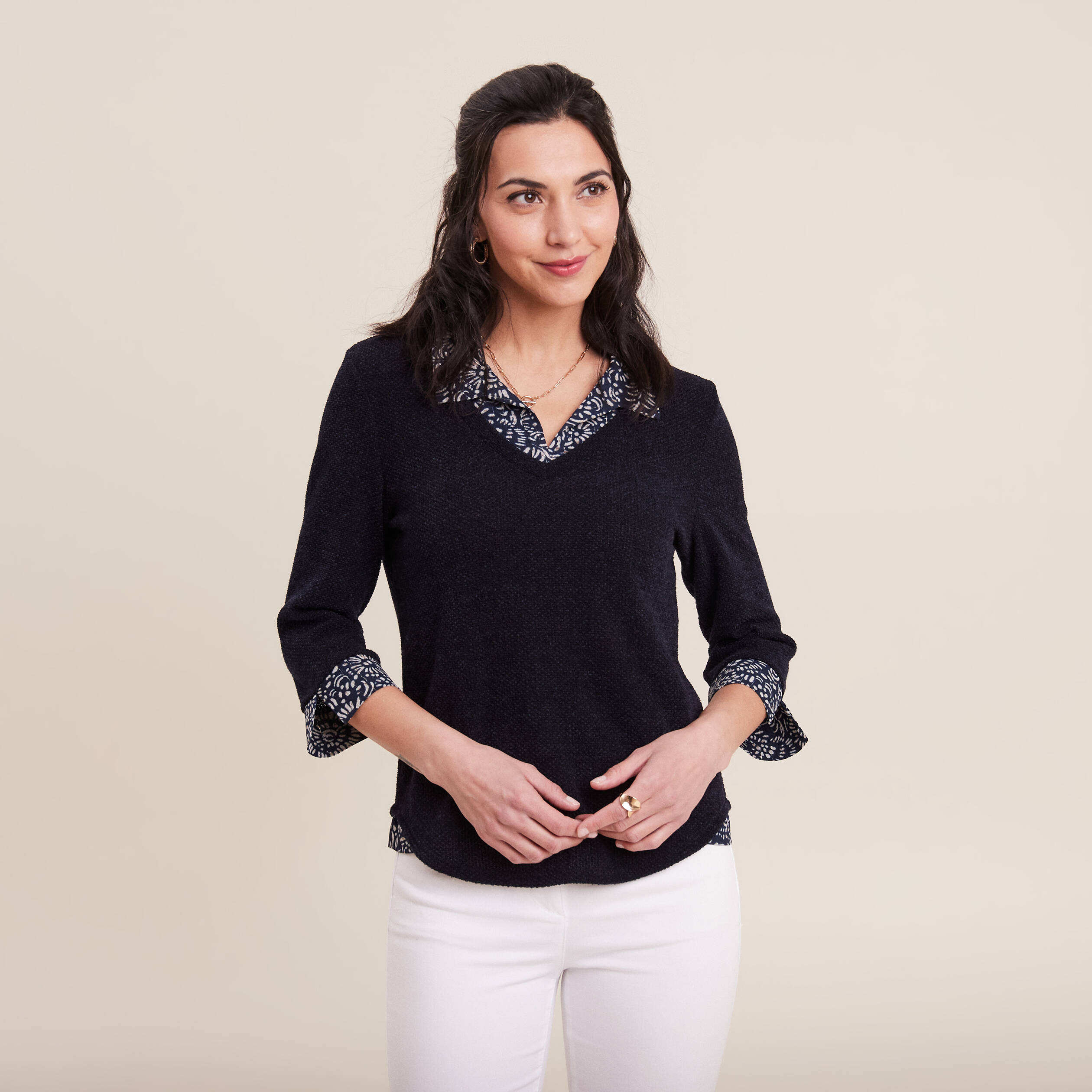t shirt manches 34 2 en 1 bleu marine femme T-shirt manches 3/4 2-en-1 bleu marine femme