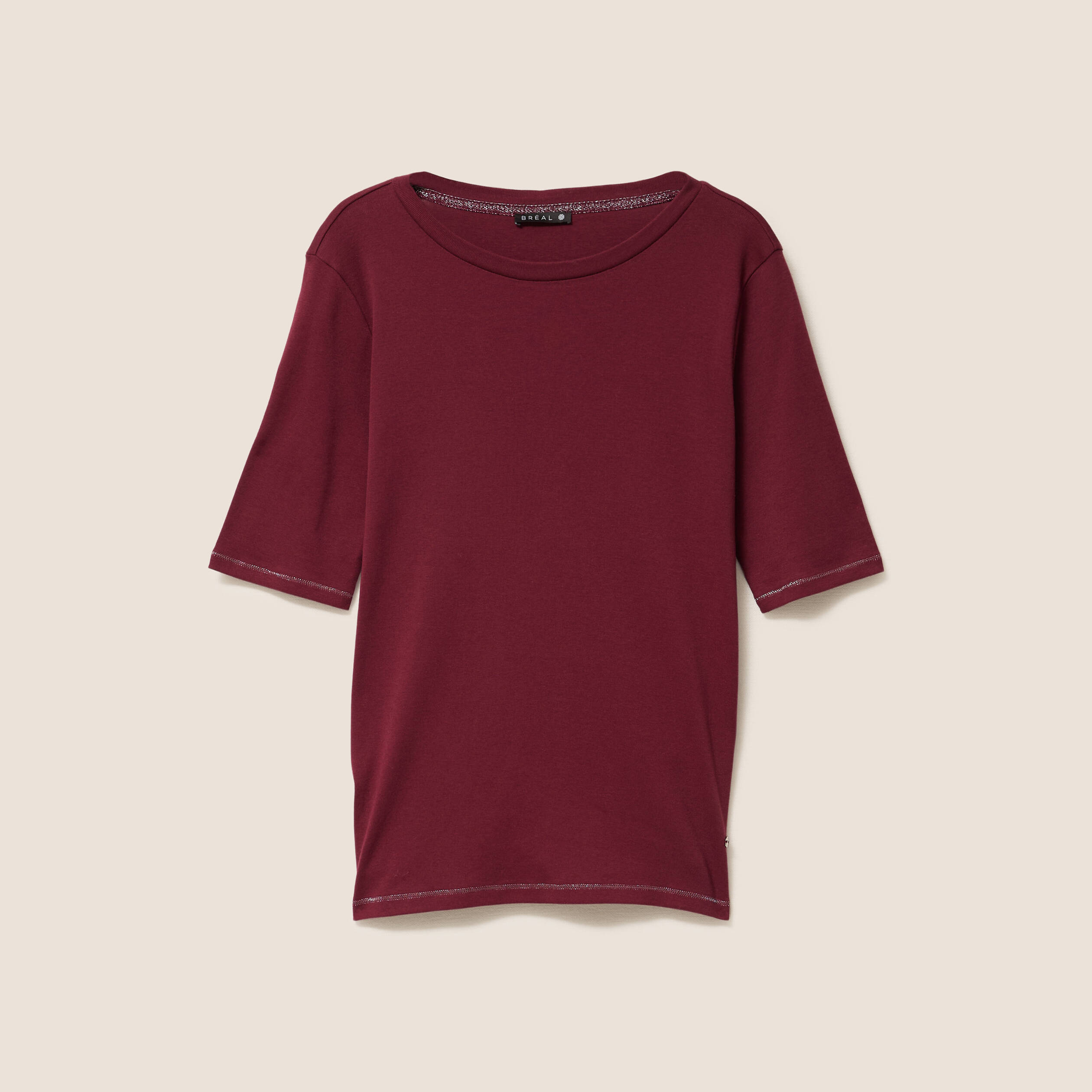 T-shirt ajust&eacute; col rond manches coudes bordeaux femme