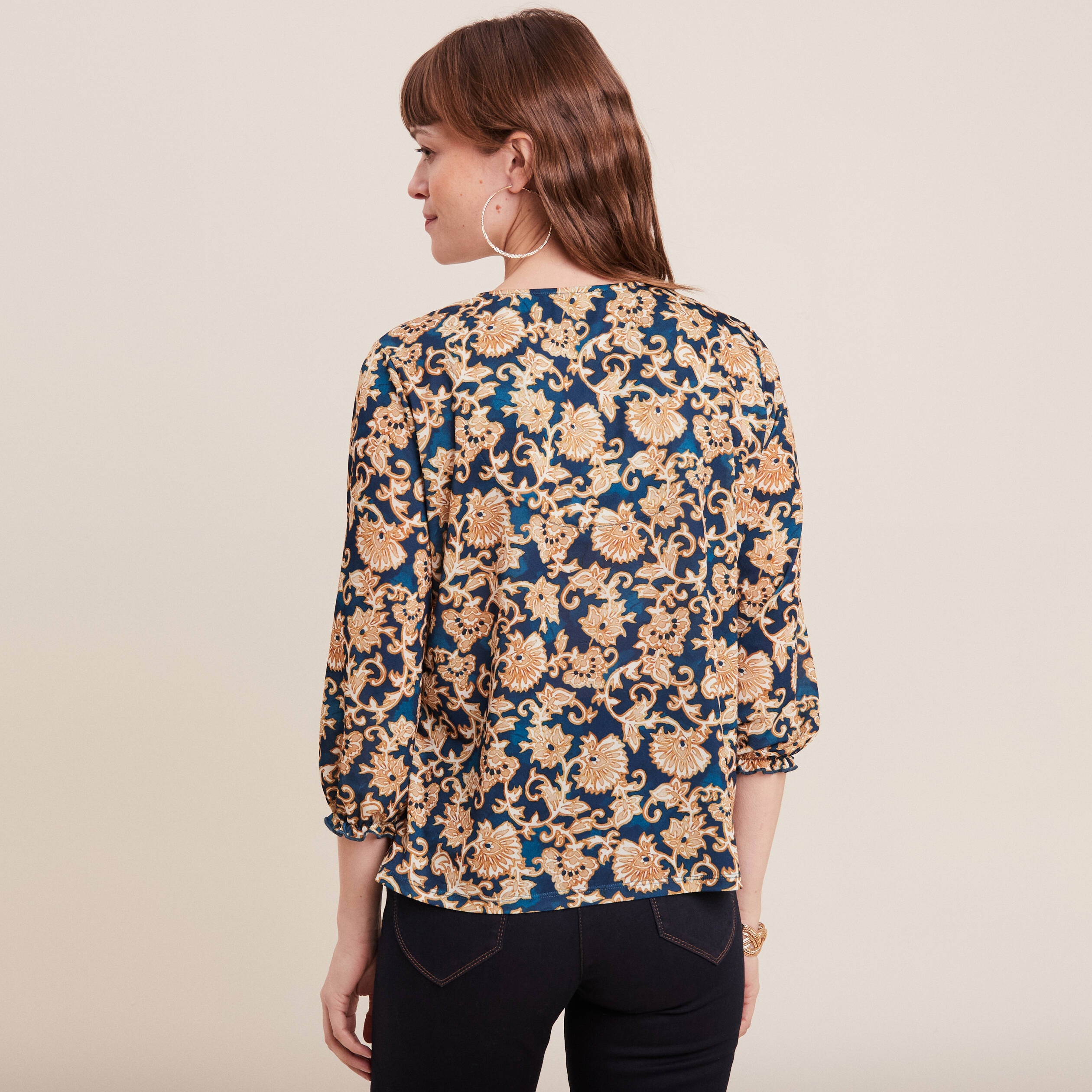 blouse manches 34 col smocke bleu fonce femme Blouse manches 3/4 col smocké bleu foncé femme