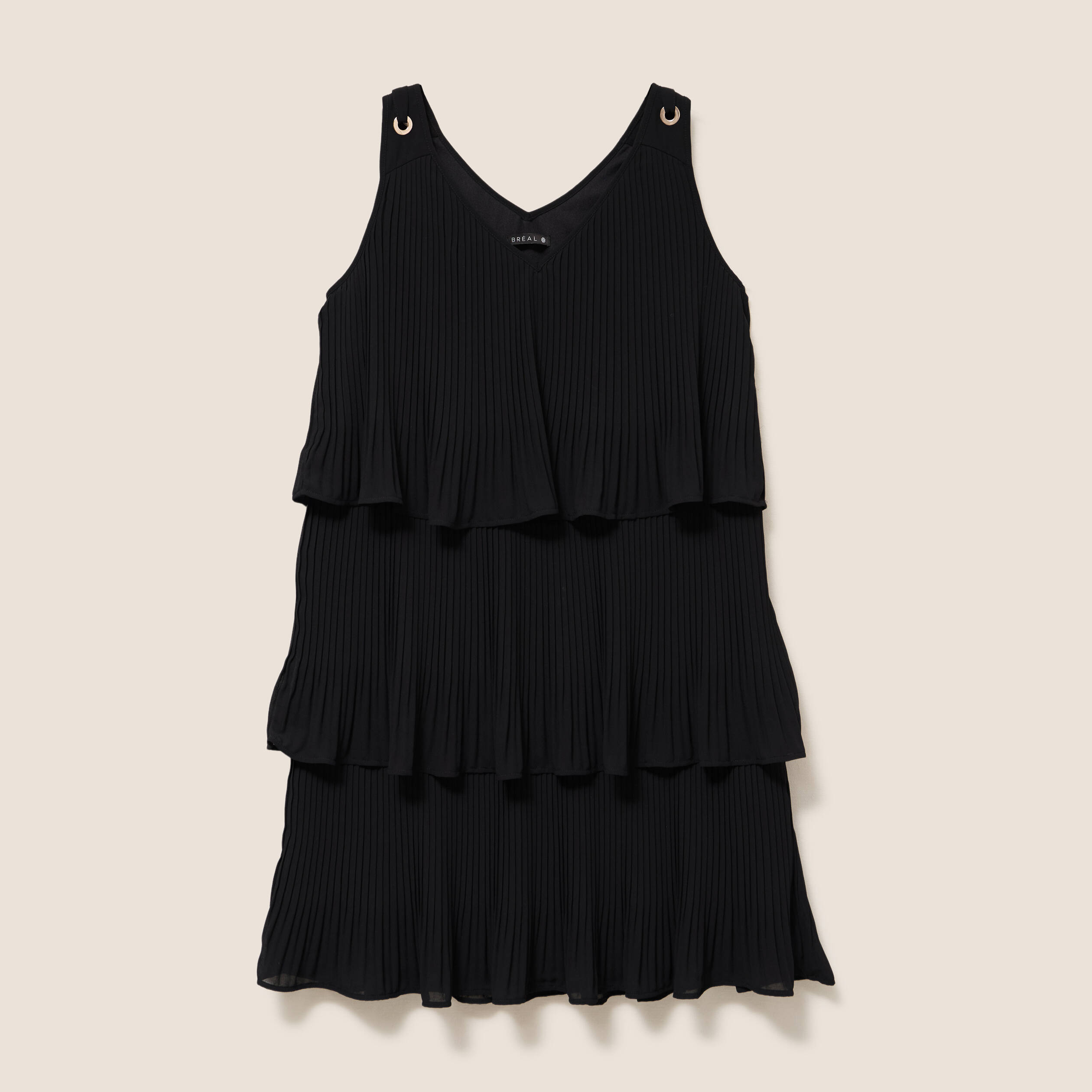Robe pliss&eacute;e sans manches col v noir femme