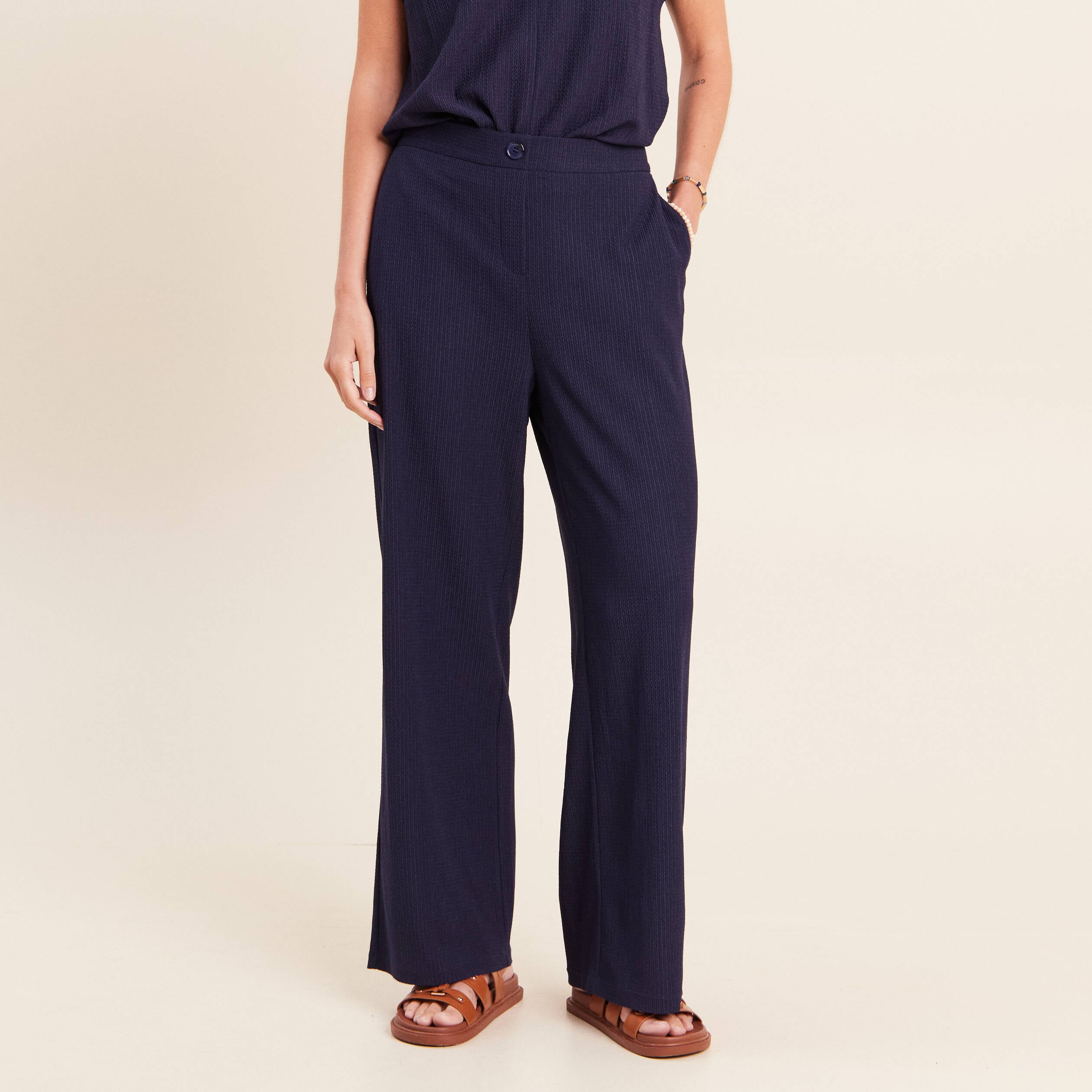 Pantalon large taille haute fluide bleu marine femme