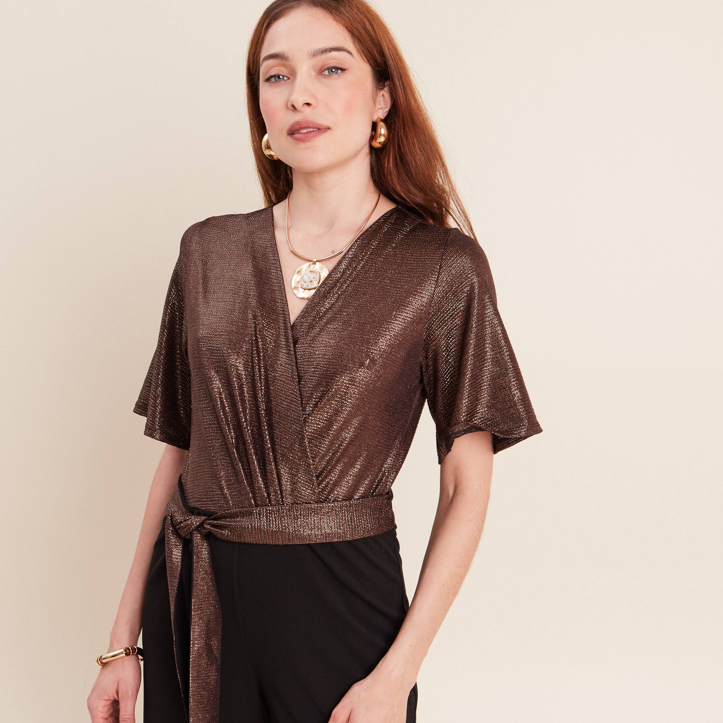 Combinaison pantalon droite marron cognac femme