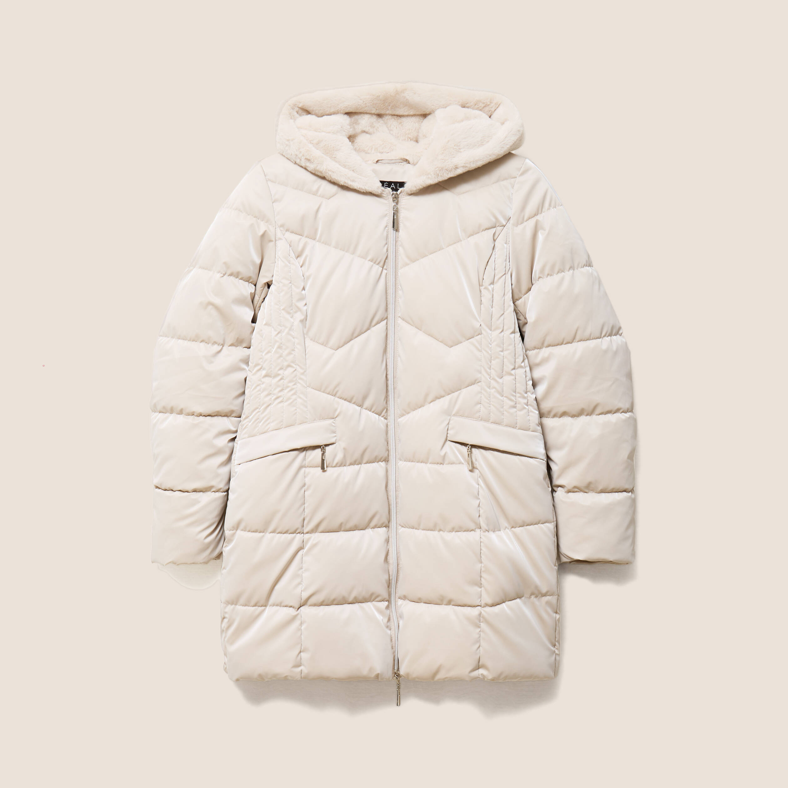 Doudoune mi-longue &agrave; capuche beige femme
