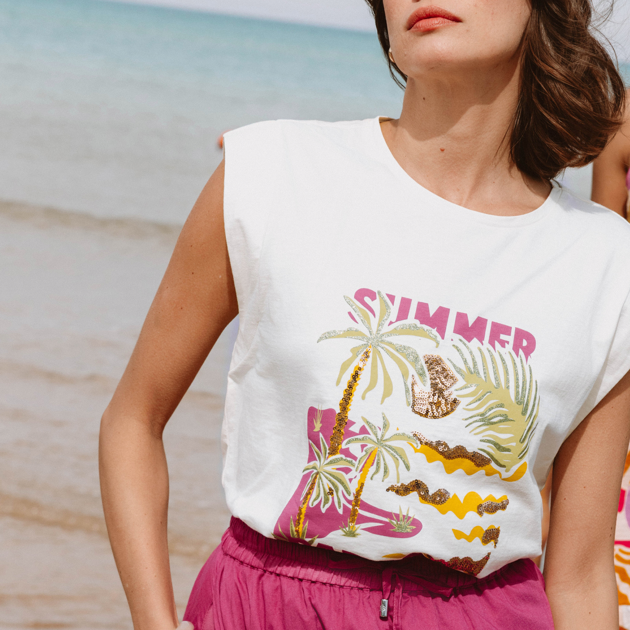 T-shirt col rond manches courtes ecru femme