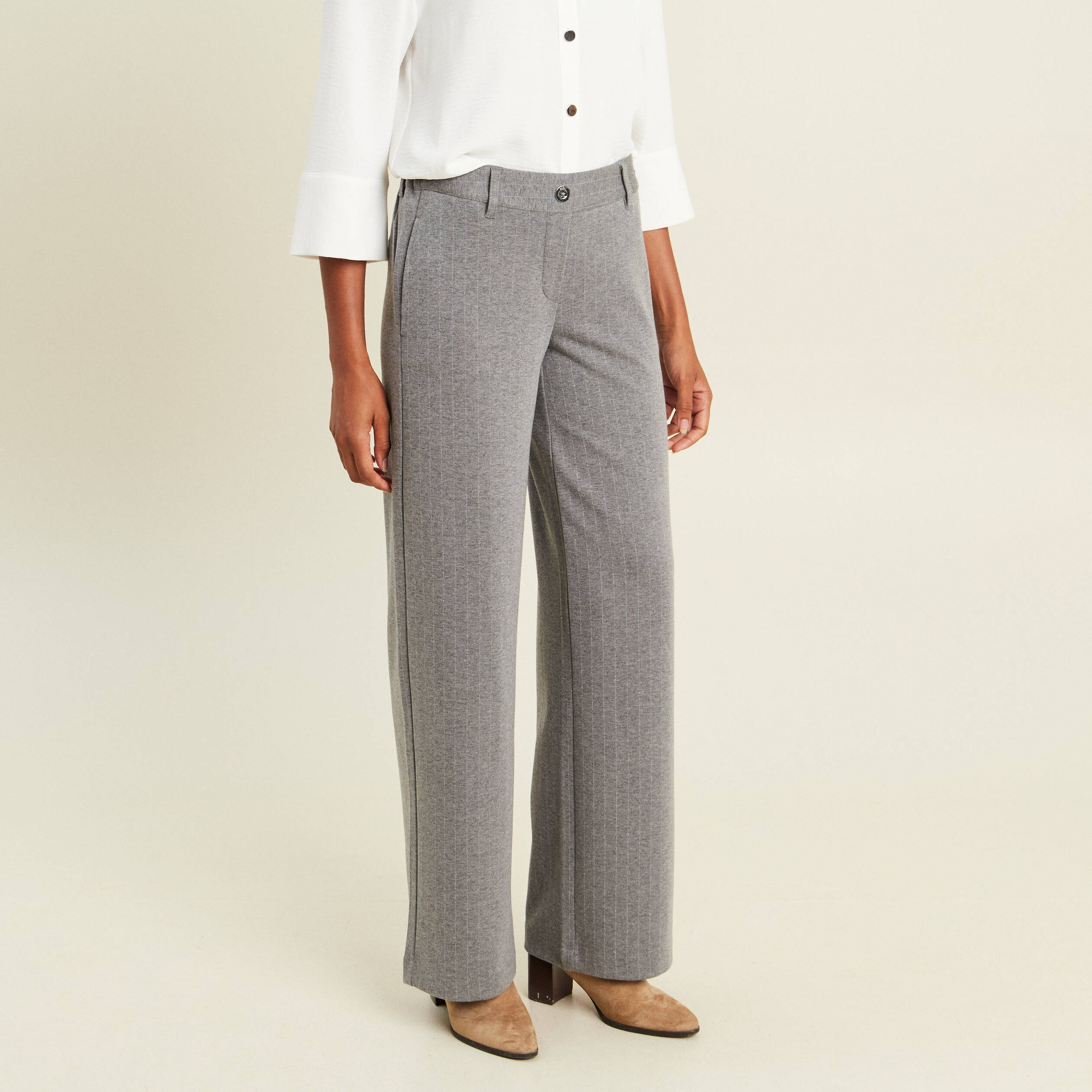 Pantalon loose taille bascul&eacute;e gris femme