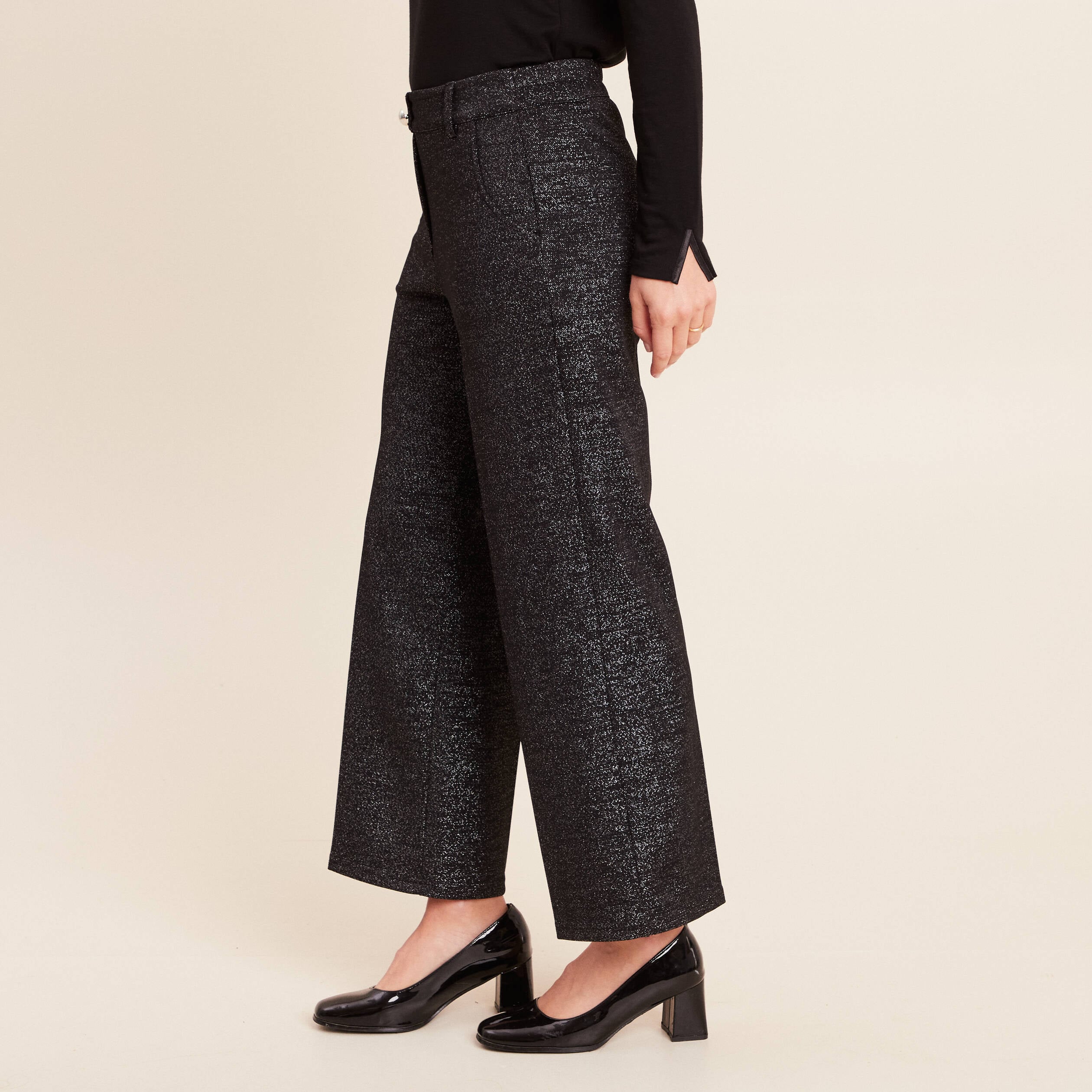 Pantalon large &agrave; paillettes noir femme