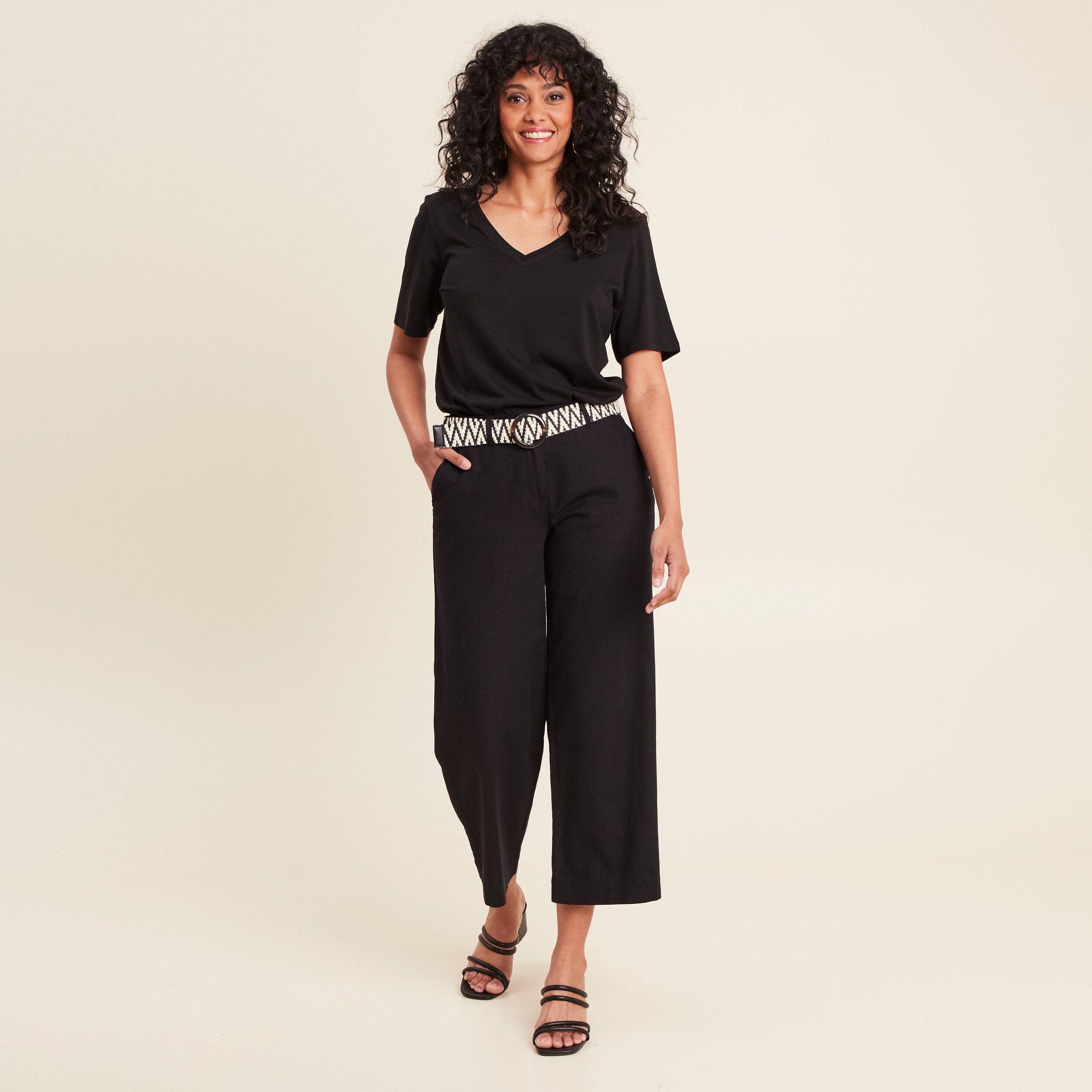 pantalon large 78eme ceinture noir femme Pantalon large 7/8ème ceinturé noir femme