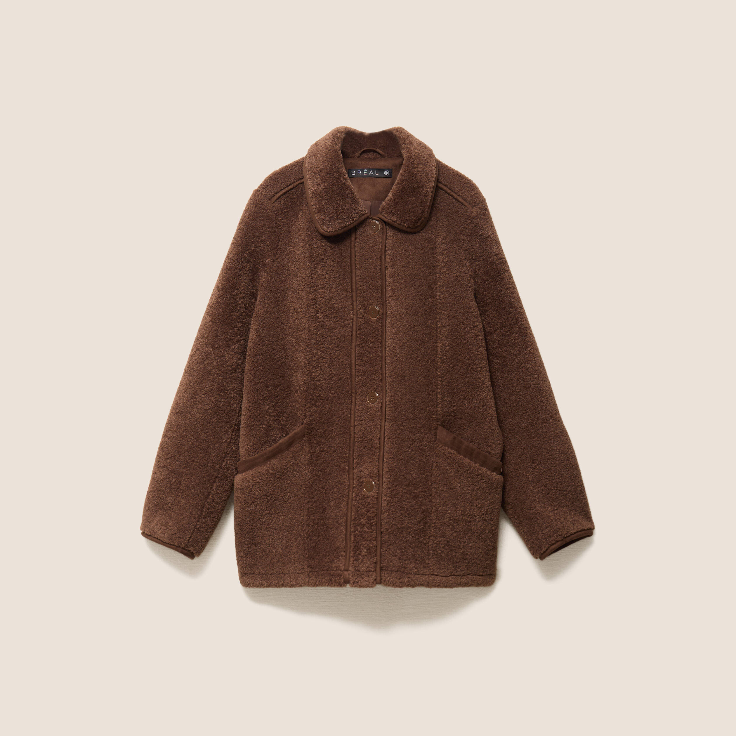 Manteau bouclette doubl&eacute; manches longues marron fonc&eacute; femme
