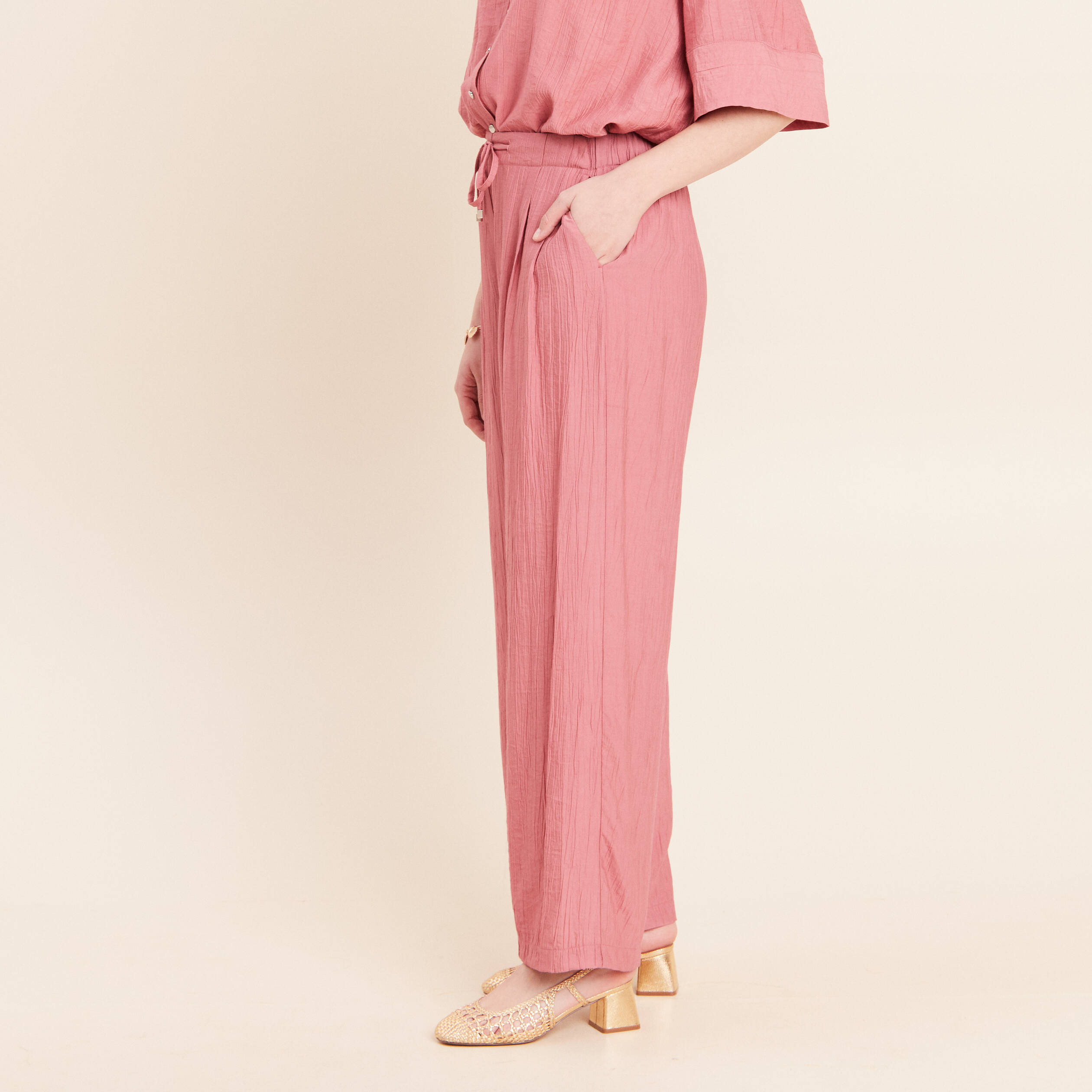 Pantalon fluide taille haute mauve femme
