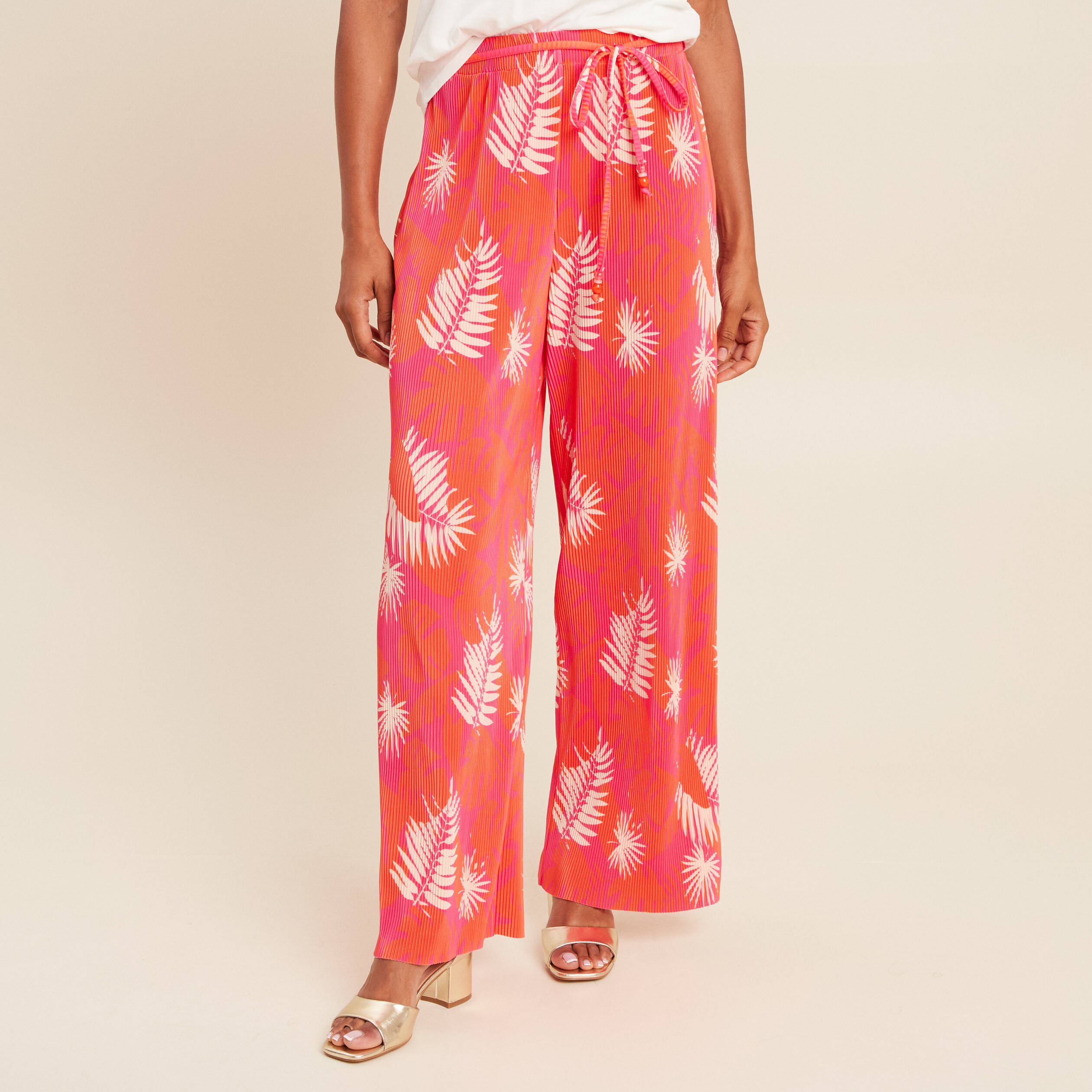 Pantalon coupe large taille haute pliss&eacute; rouge femme