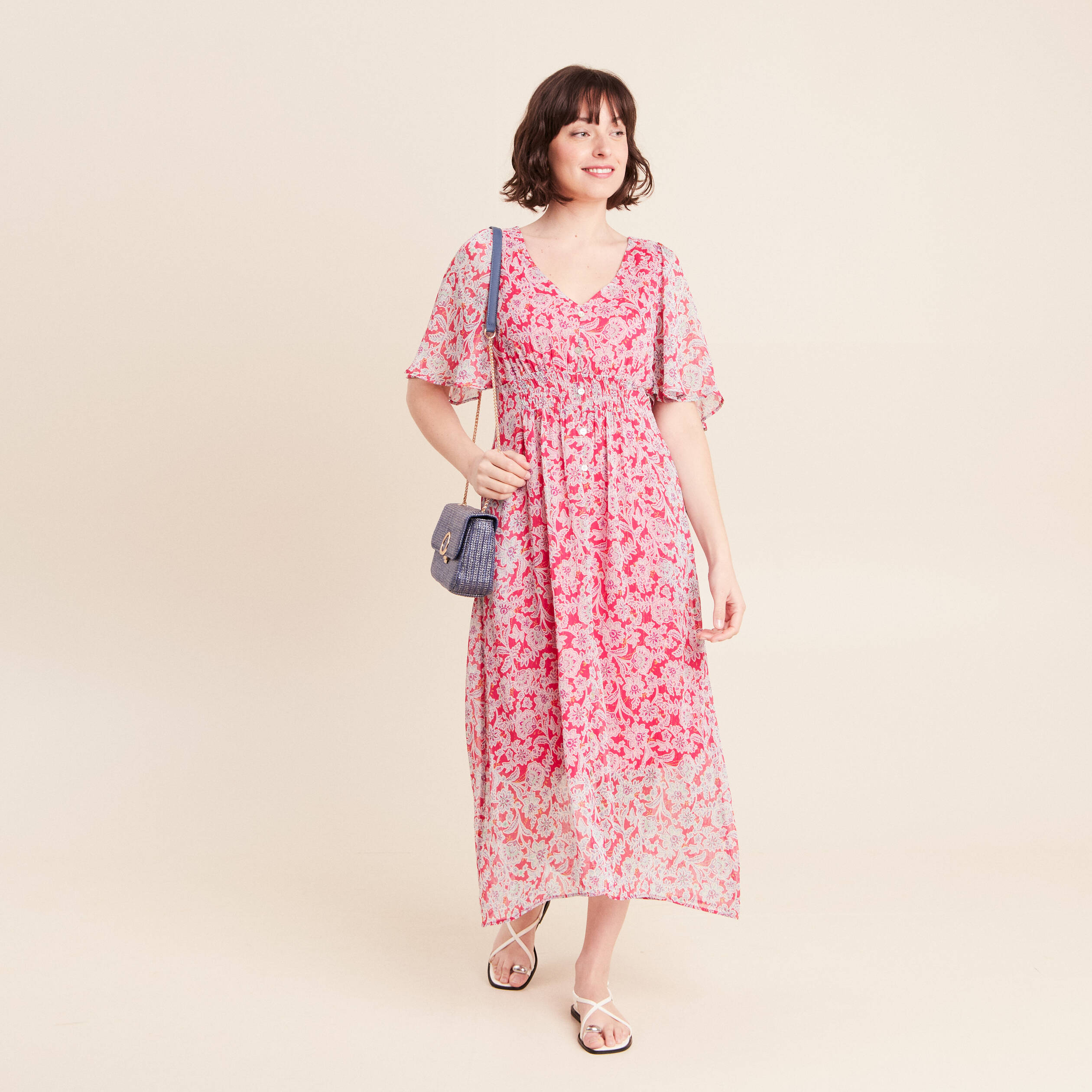 Robe longue &eacute;vas&eacute;e col v manches coudes rose femme