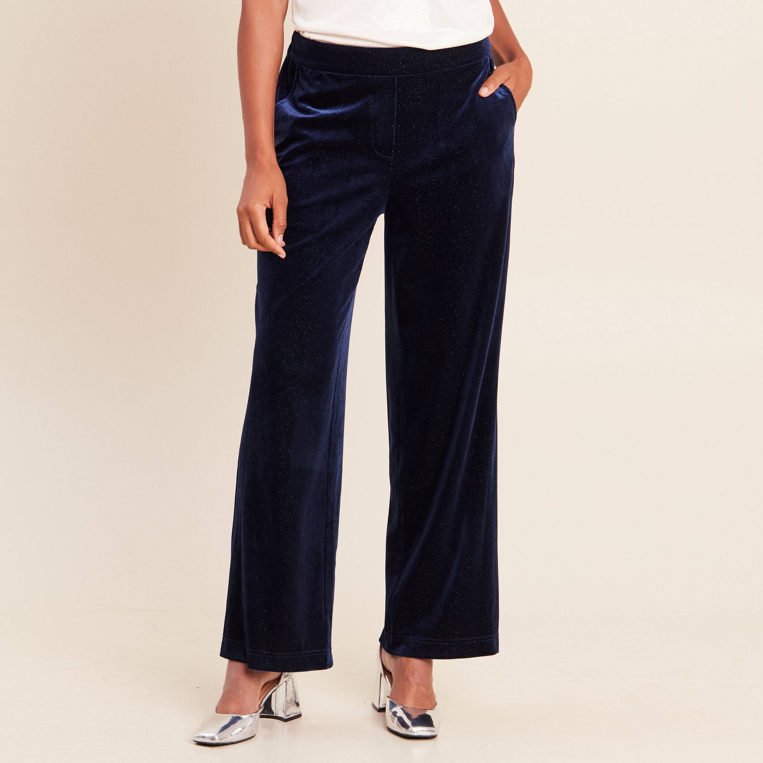 Pantalon large taille haute &agrave; paillettes bleu fonc&eacute; femme