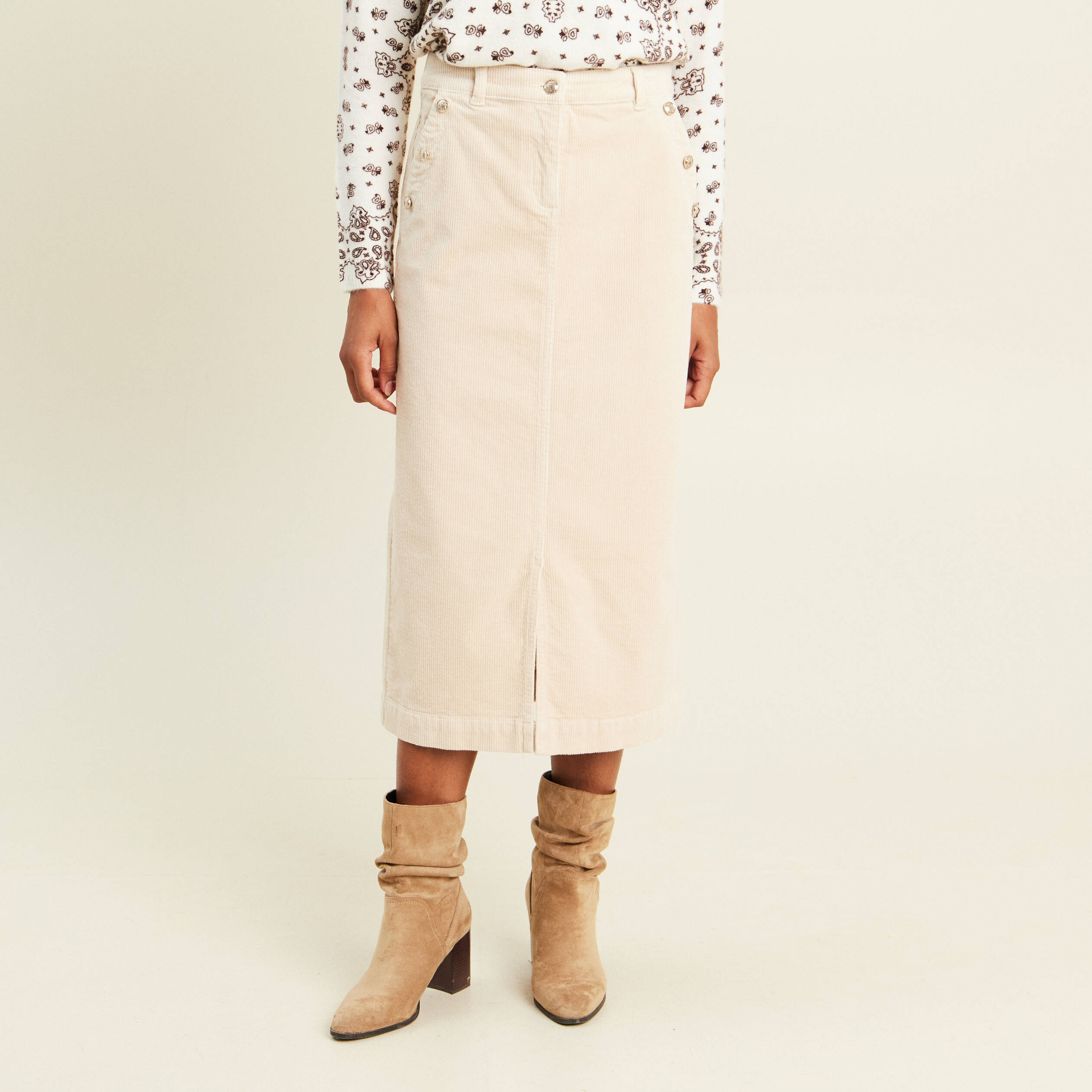 Jupe droite longue en velours sable femme