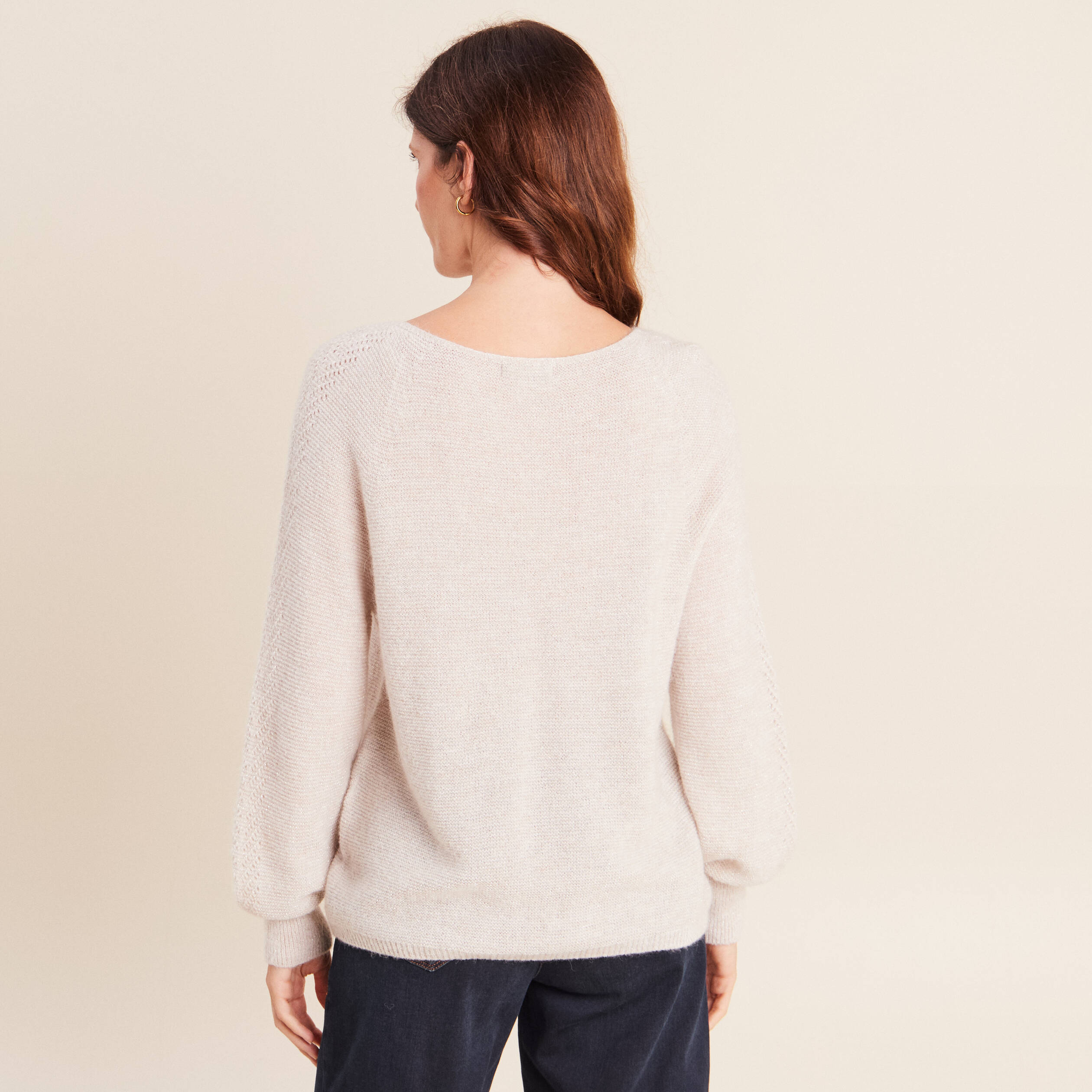 Pull droit col rond manches longues beige femme