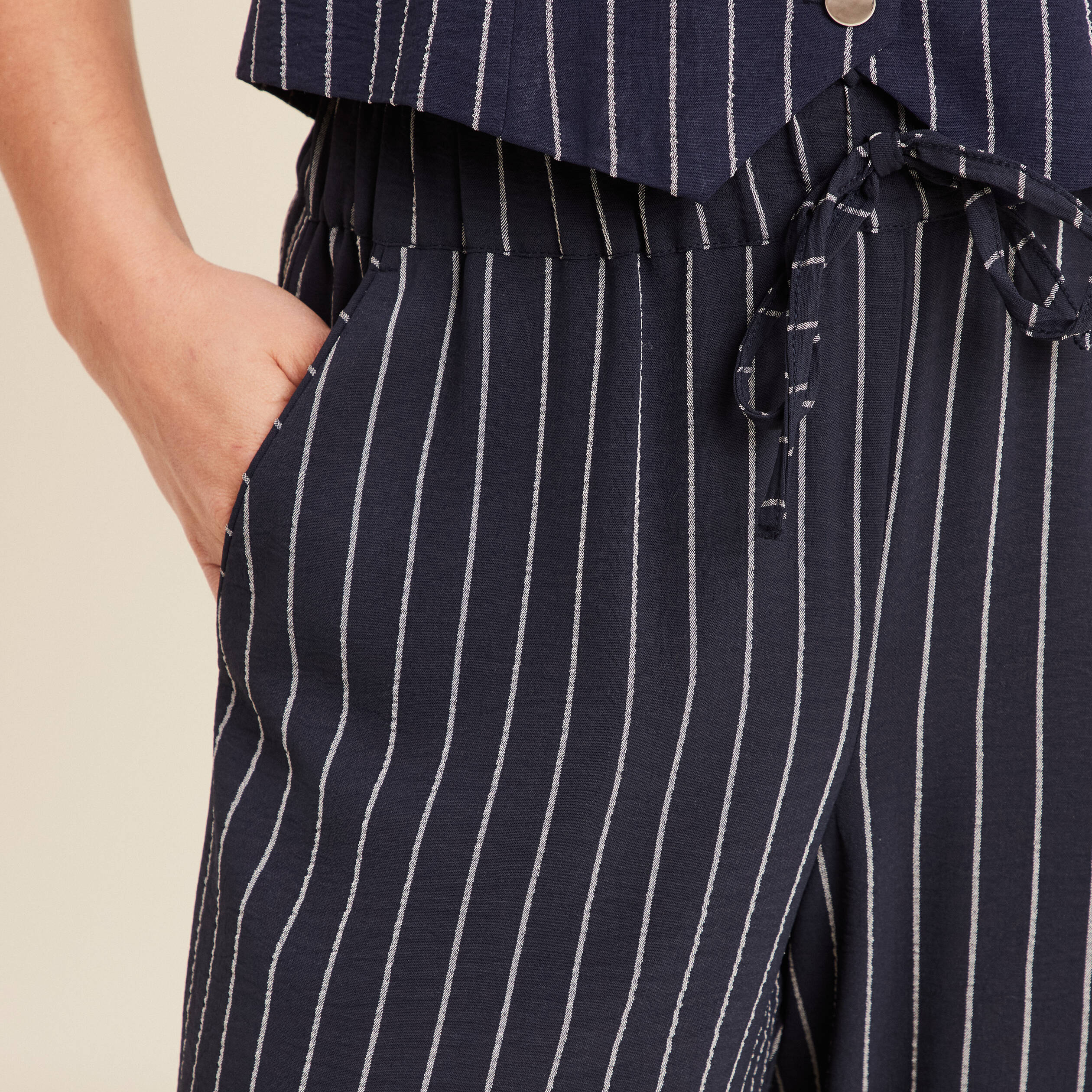 Pantalon large taille haute bleu fonc&eacute; femme