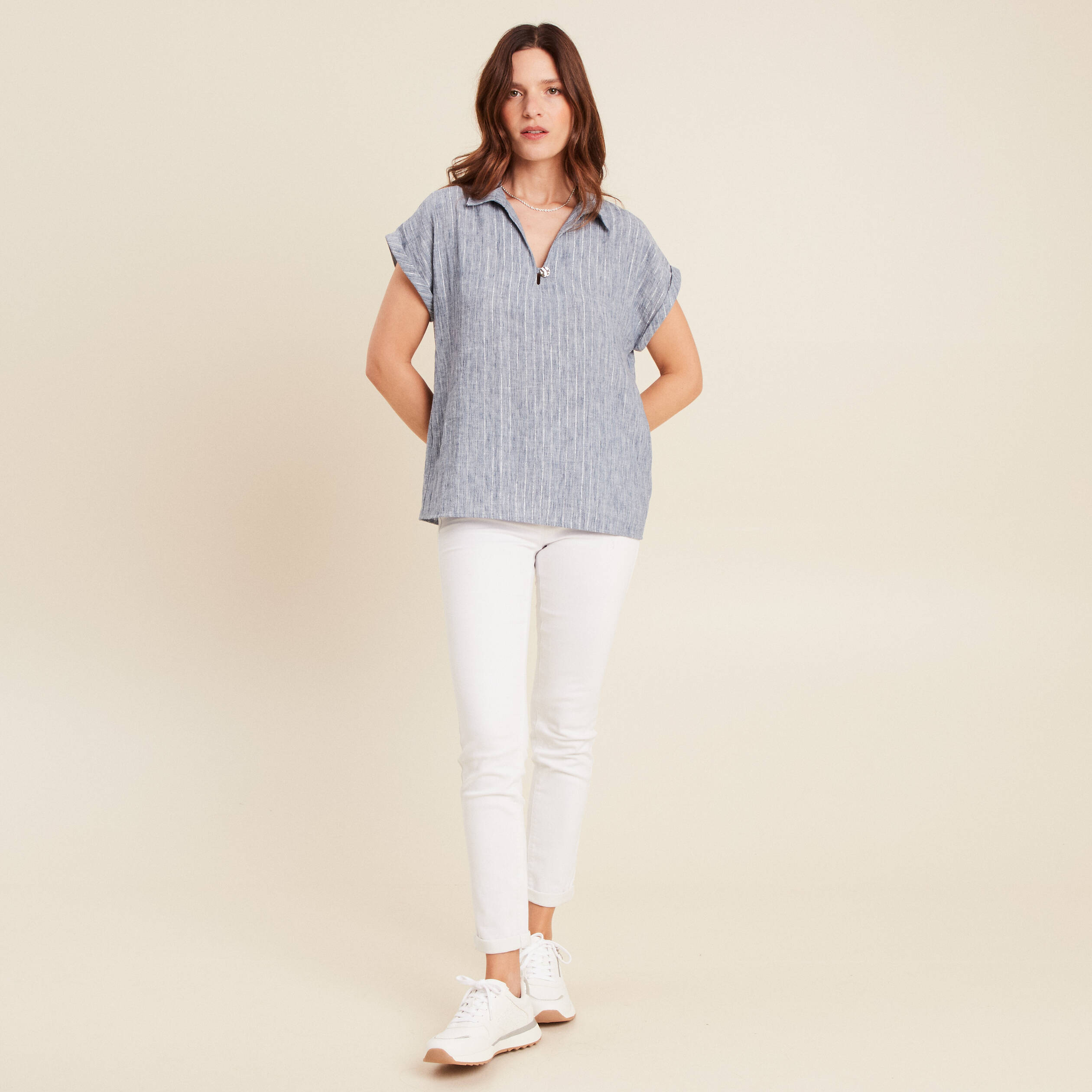 Blouse manches courtes fluide bleu femme