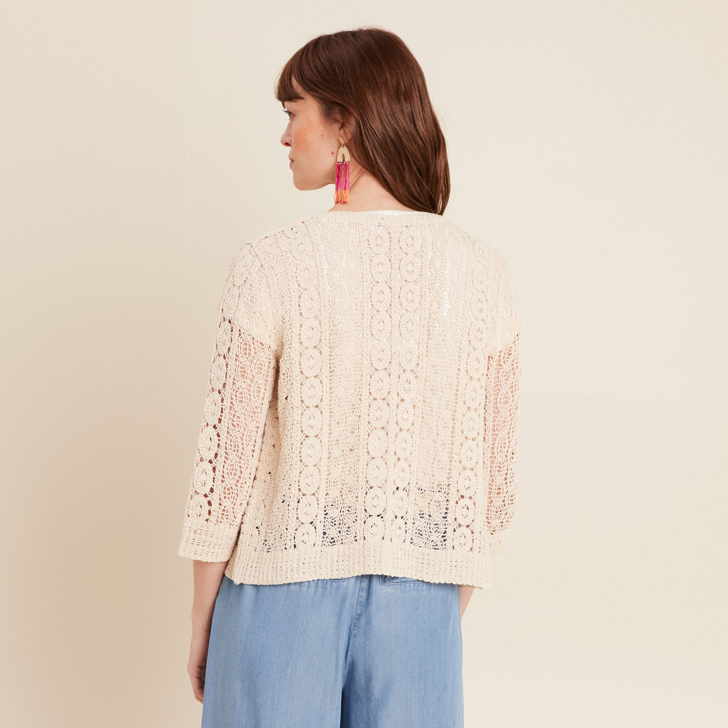 Gilet manches 3/4 ajour&eacute; ecru femme