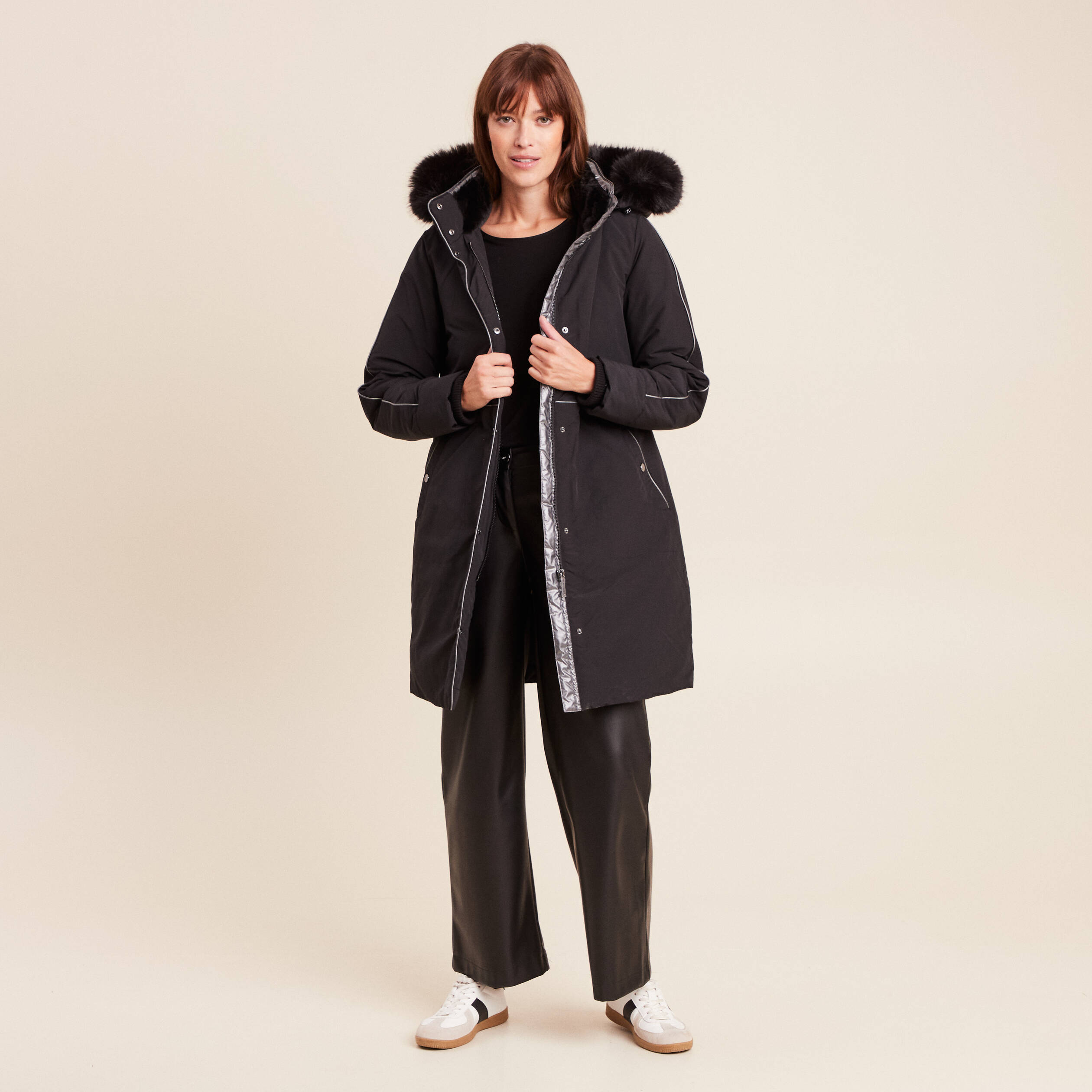 Parka d&eacute;perlante &agrave; capuche noir femme