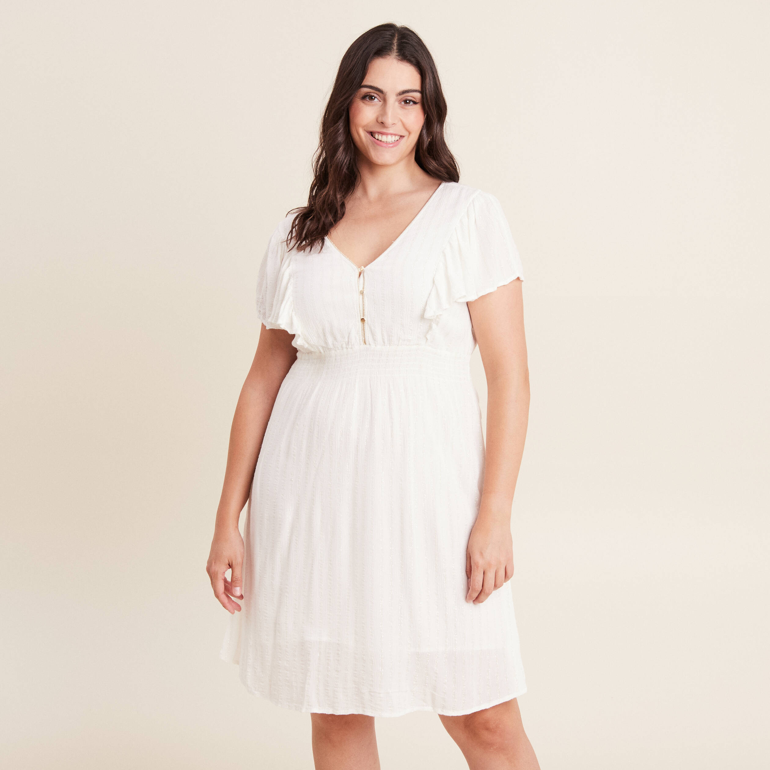 robe droite fluide smockee ecru femme Robe droite fluide smockée ecru femme