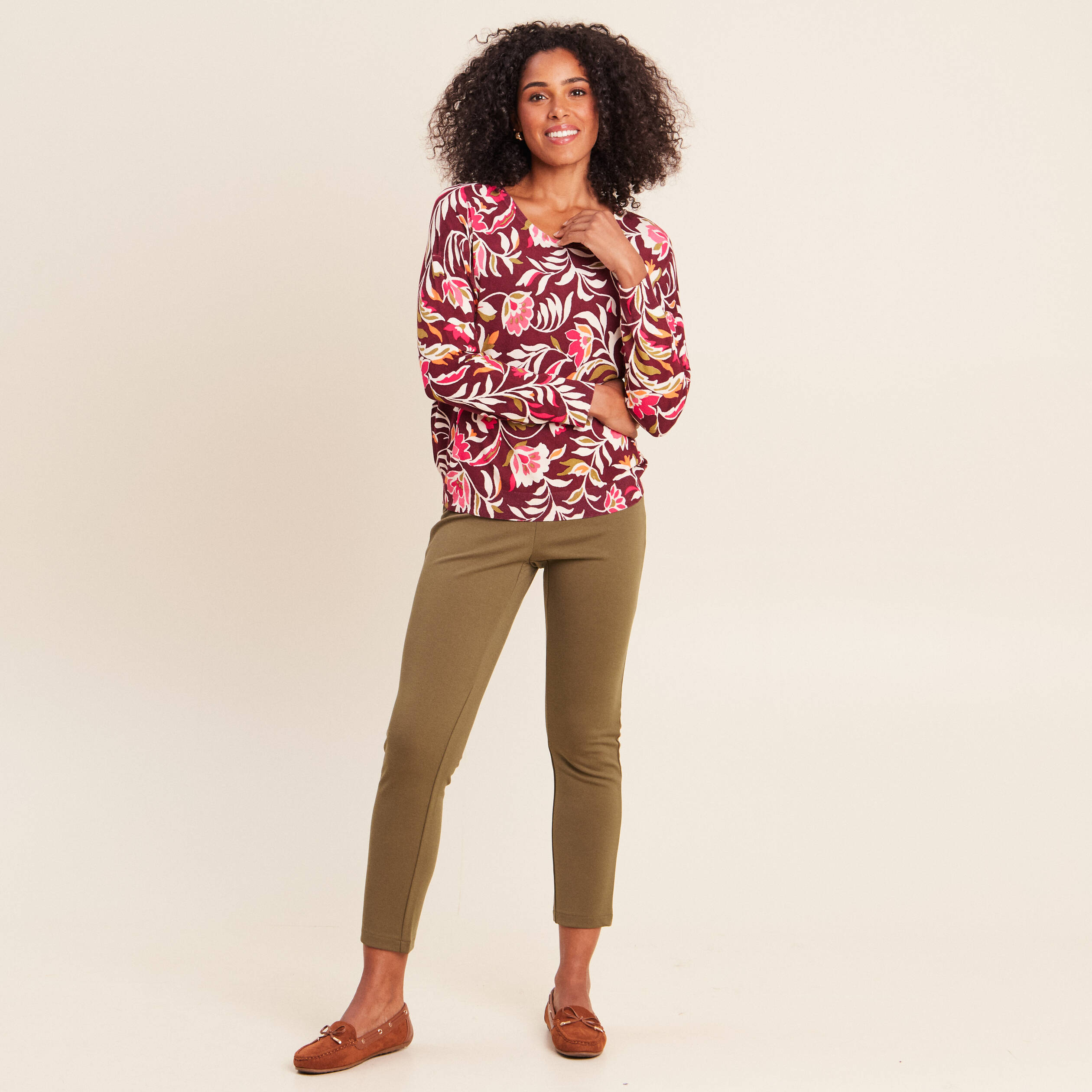 Legging 7/8&egrave;me taille bascul&eacute;e en maille vert kaki femme